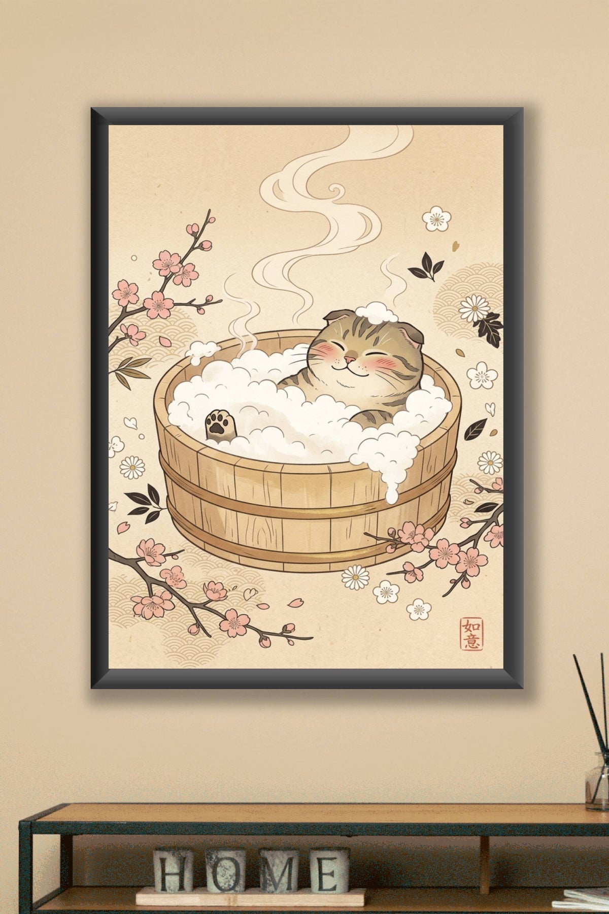 Affiche Chat Japonais, poster bain onsen