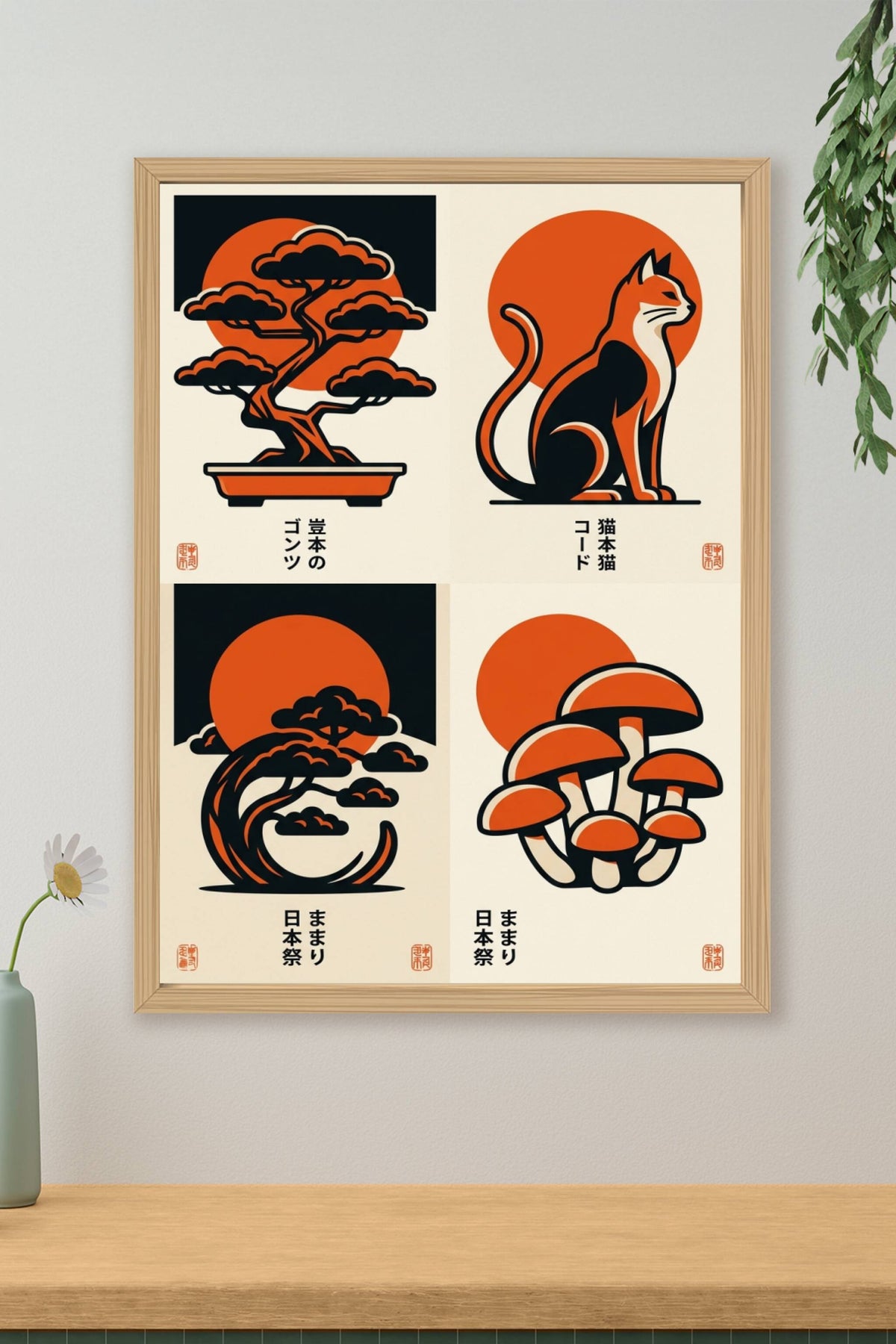 Affiche d'Art Japonais, illustration chat et bonsaï