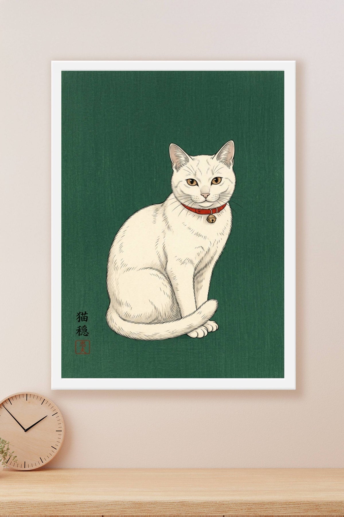 Affiche Chat Japonais, chat blanc au collier rouge