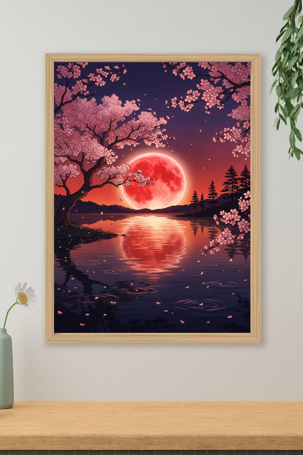 Poster du Japon, lune rouge et cerisiers roses