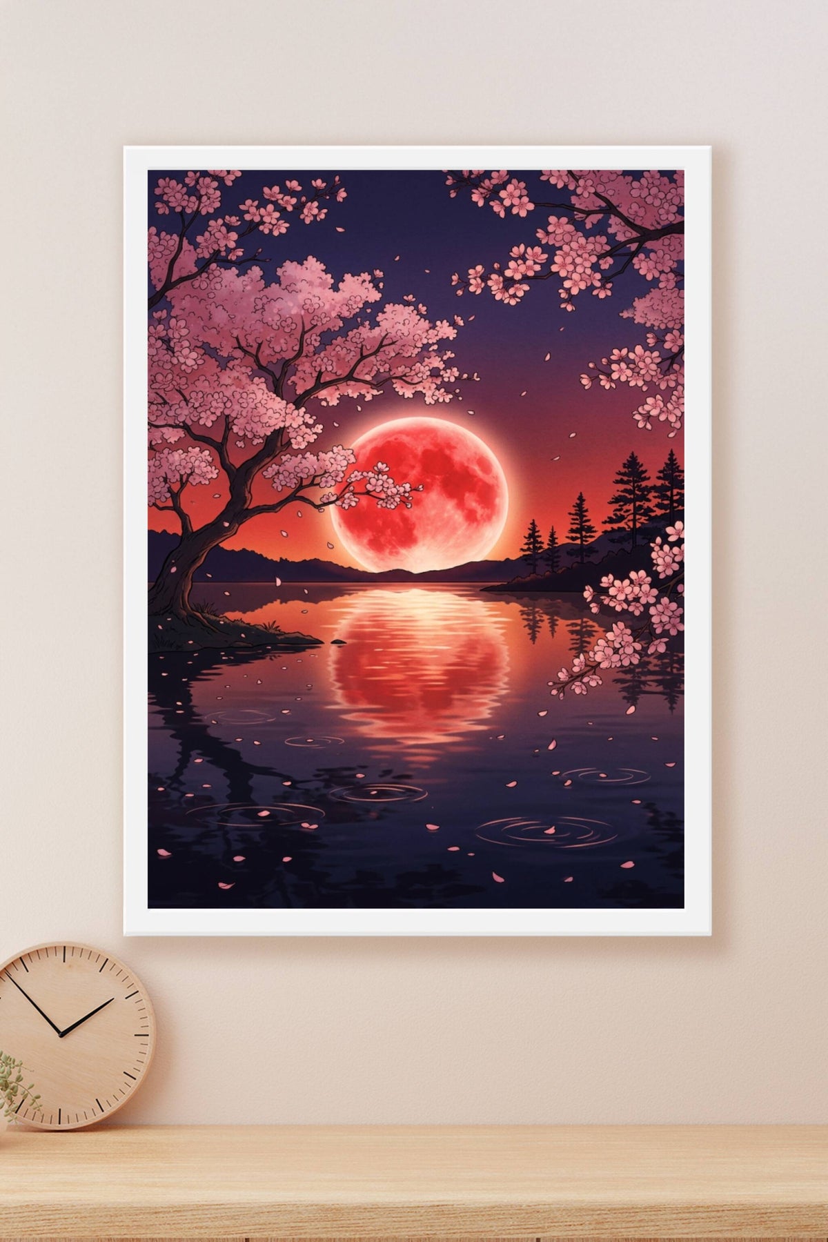 Poster du Japon, lune rouge et cerisiers roses