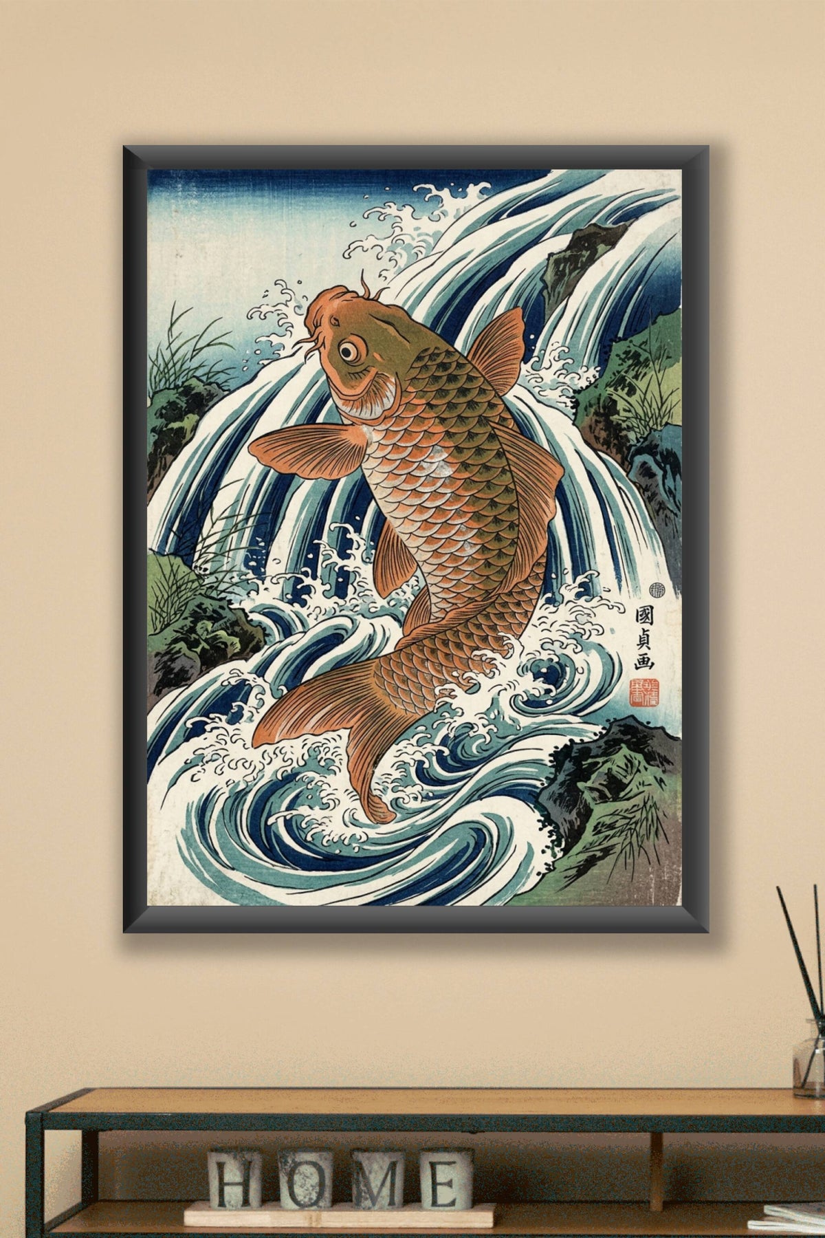 Affiche Carpe Koï, poster cascade japonaise