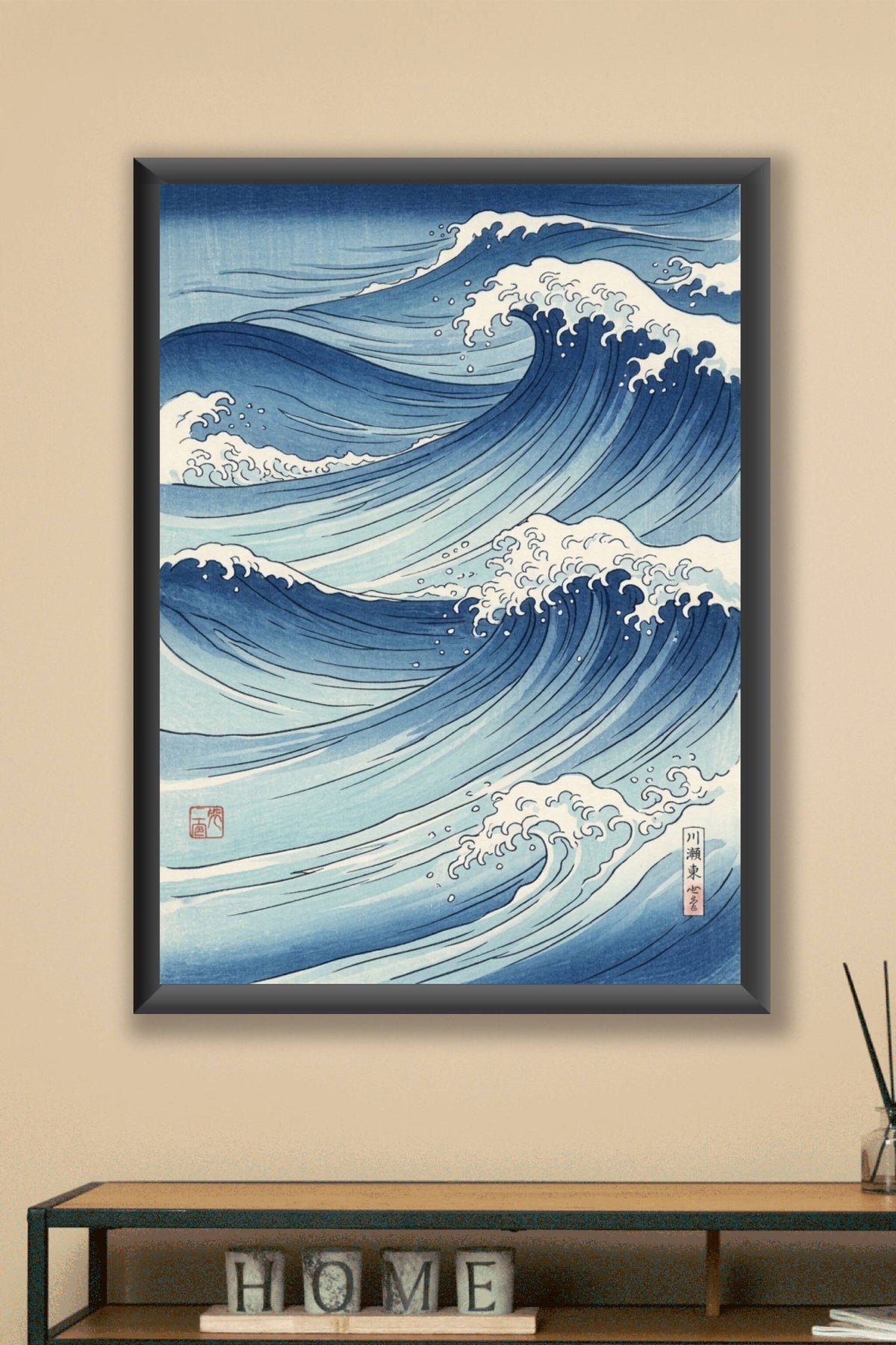 Affiche vagues japonaises, poster bleu et blanc