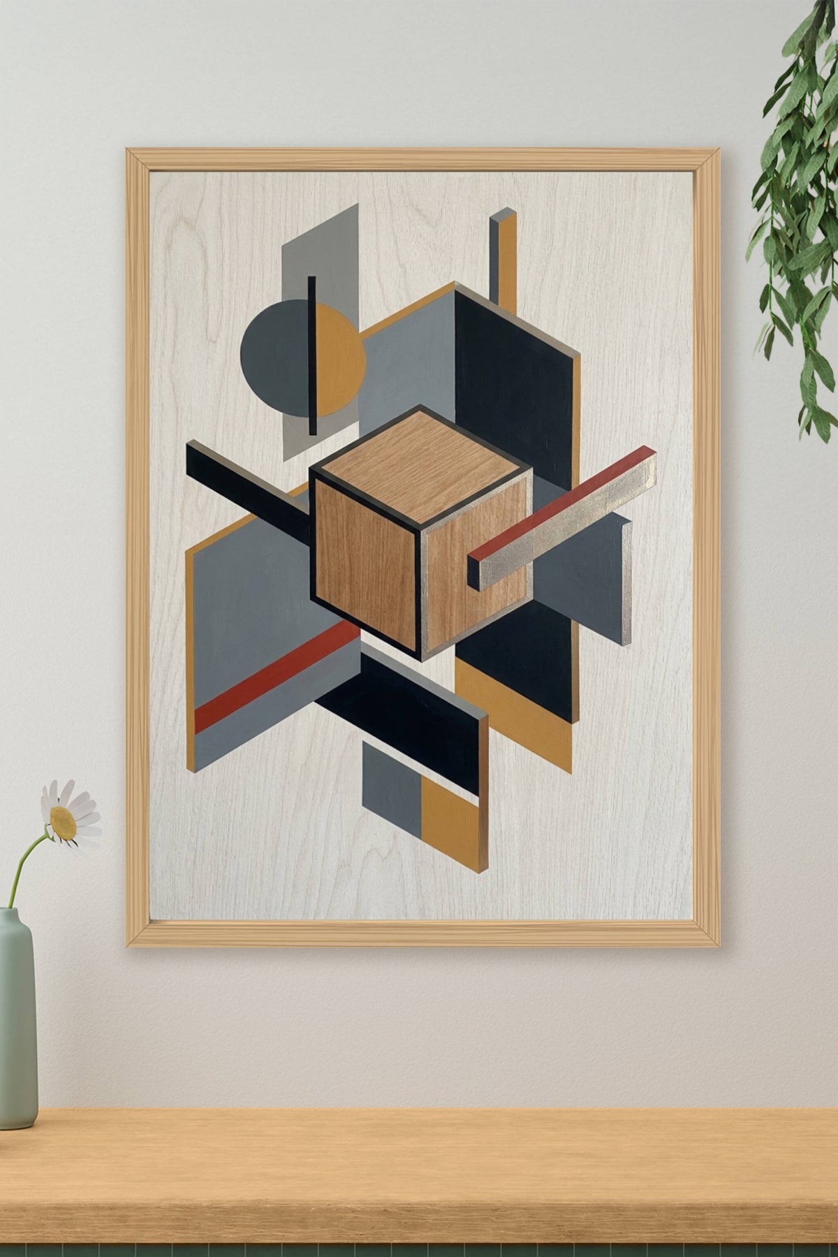 Poster d'art géométrique contemporain, cube bois