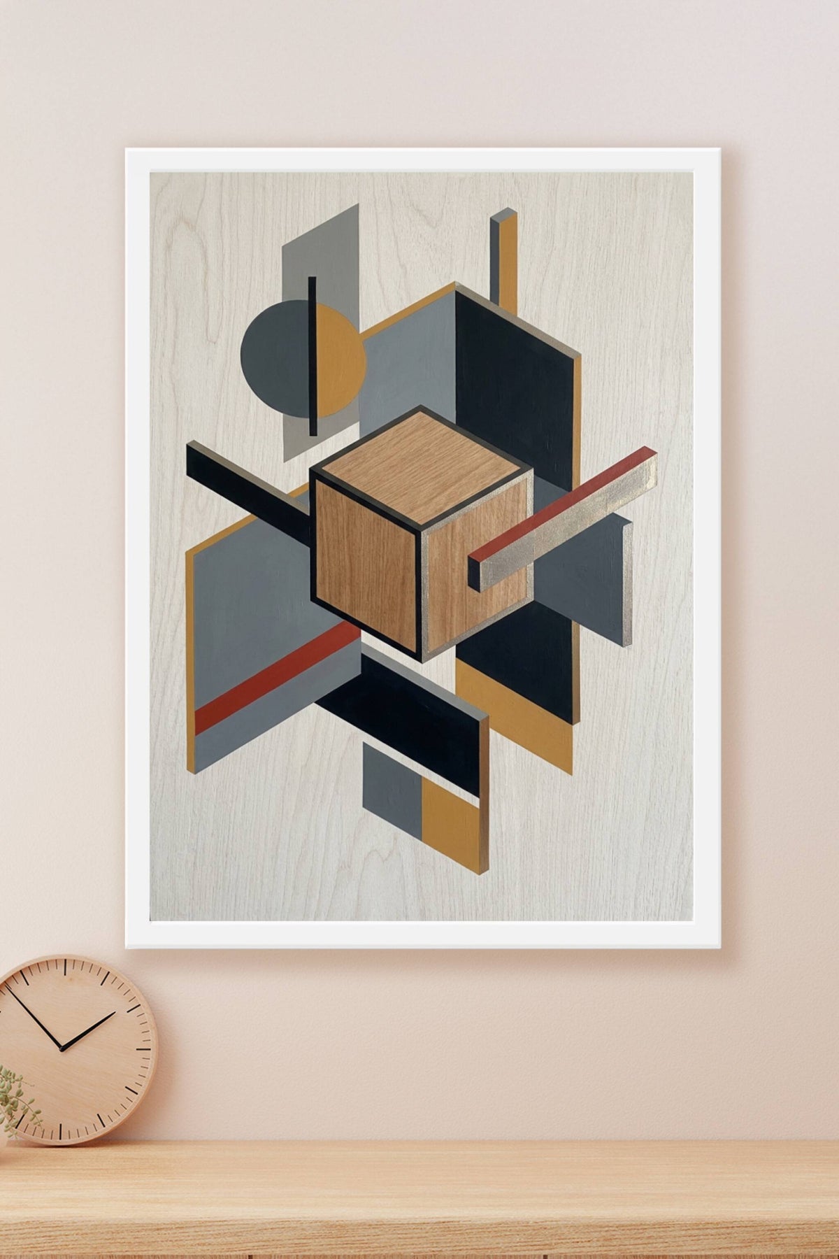 Poster d'art géométrique contemporain, cube bois