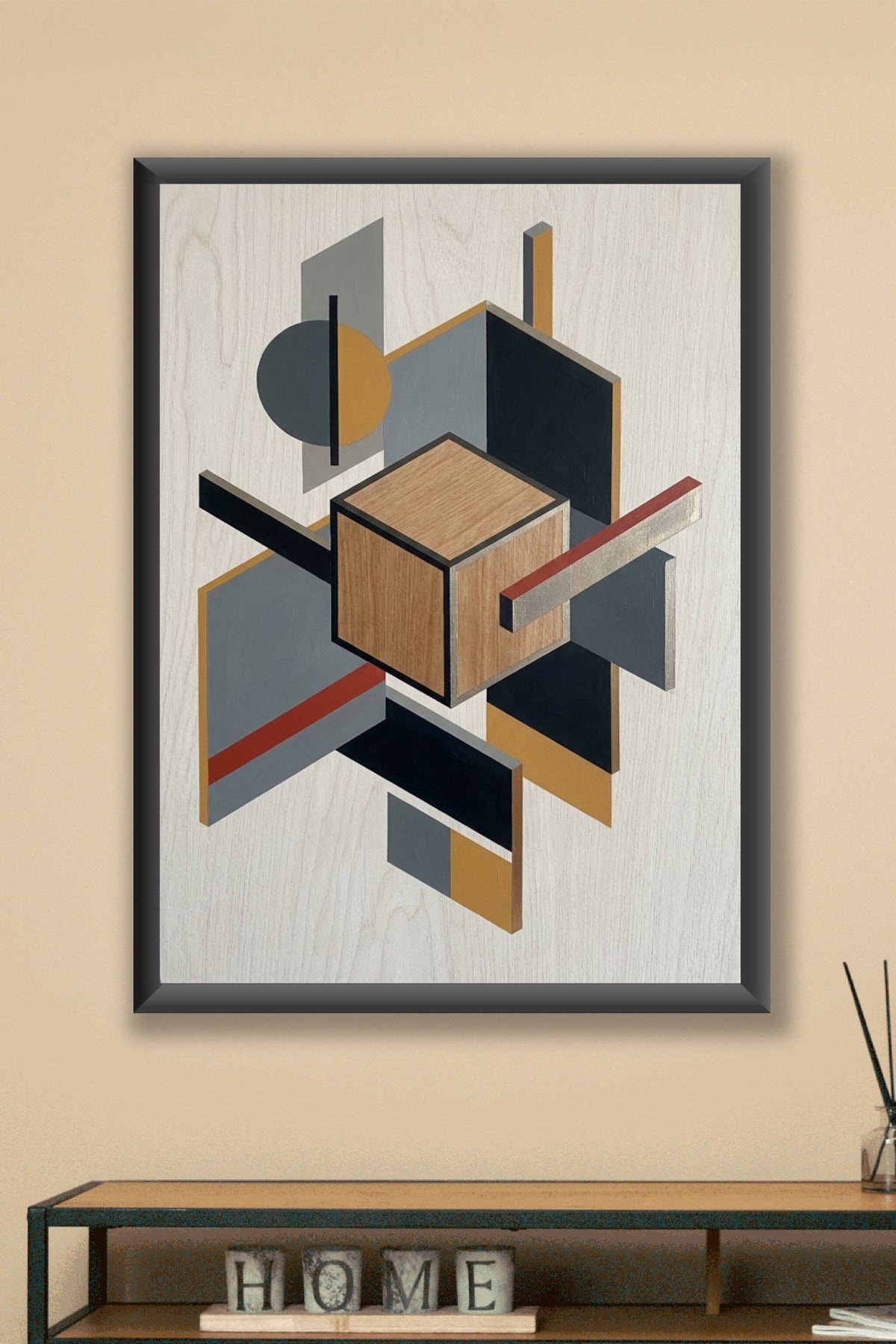 Poster d'art géométrique contemporain, cube bois