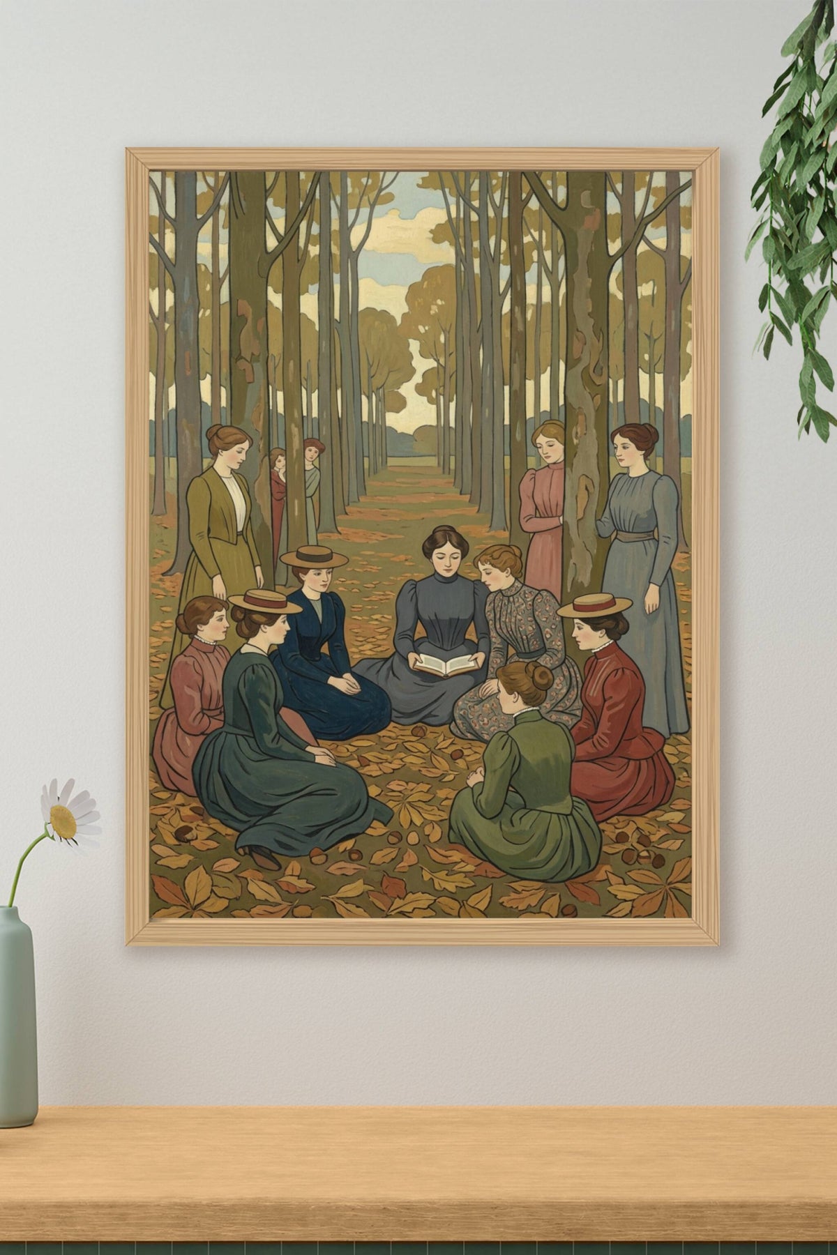 Affiche de lecture en forêt, poster de femmes en cercle