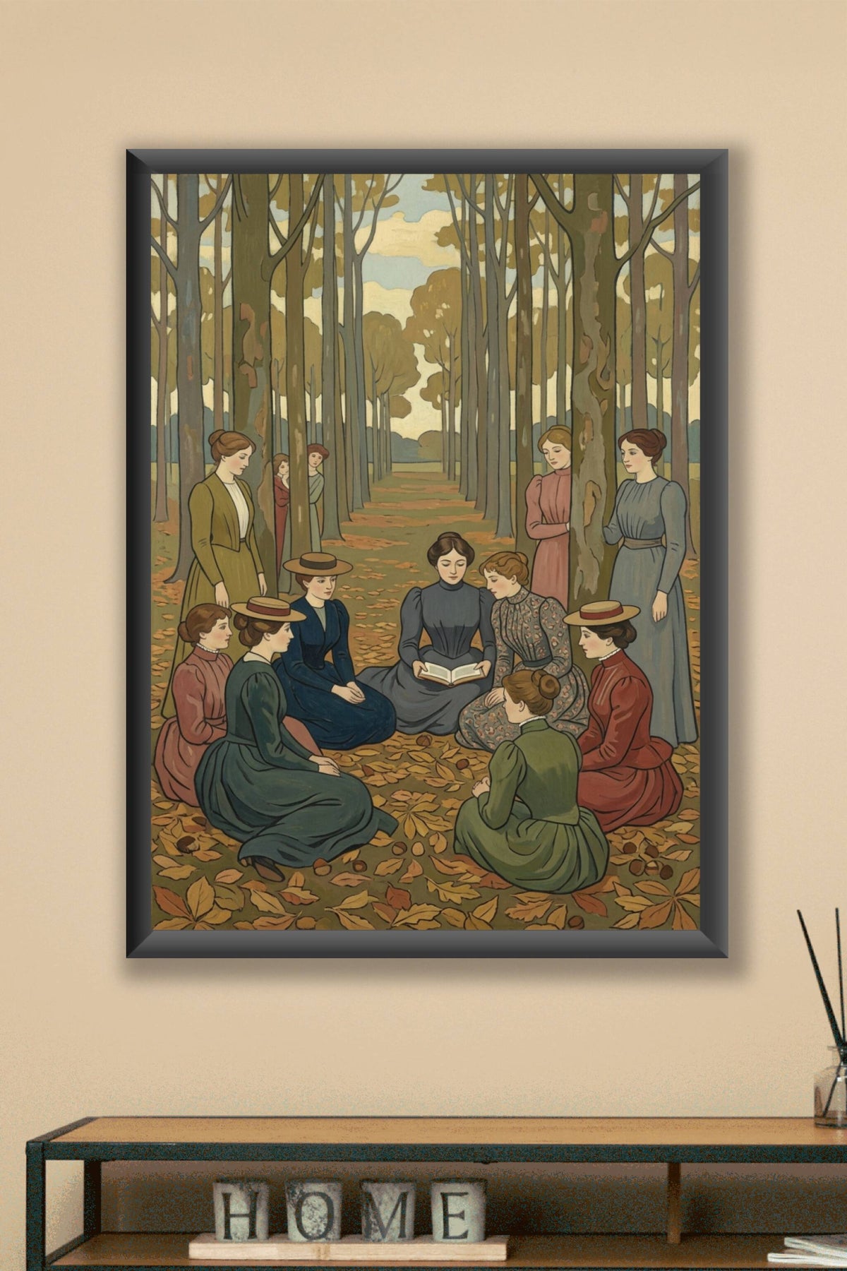 Affiche de lecture en forêt, poster de femmes en cercle