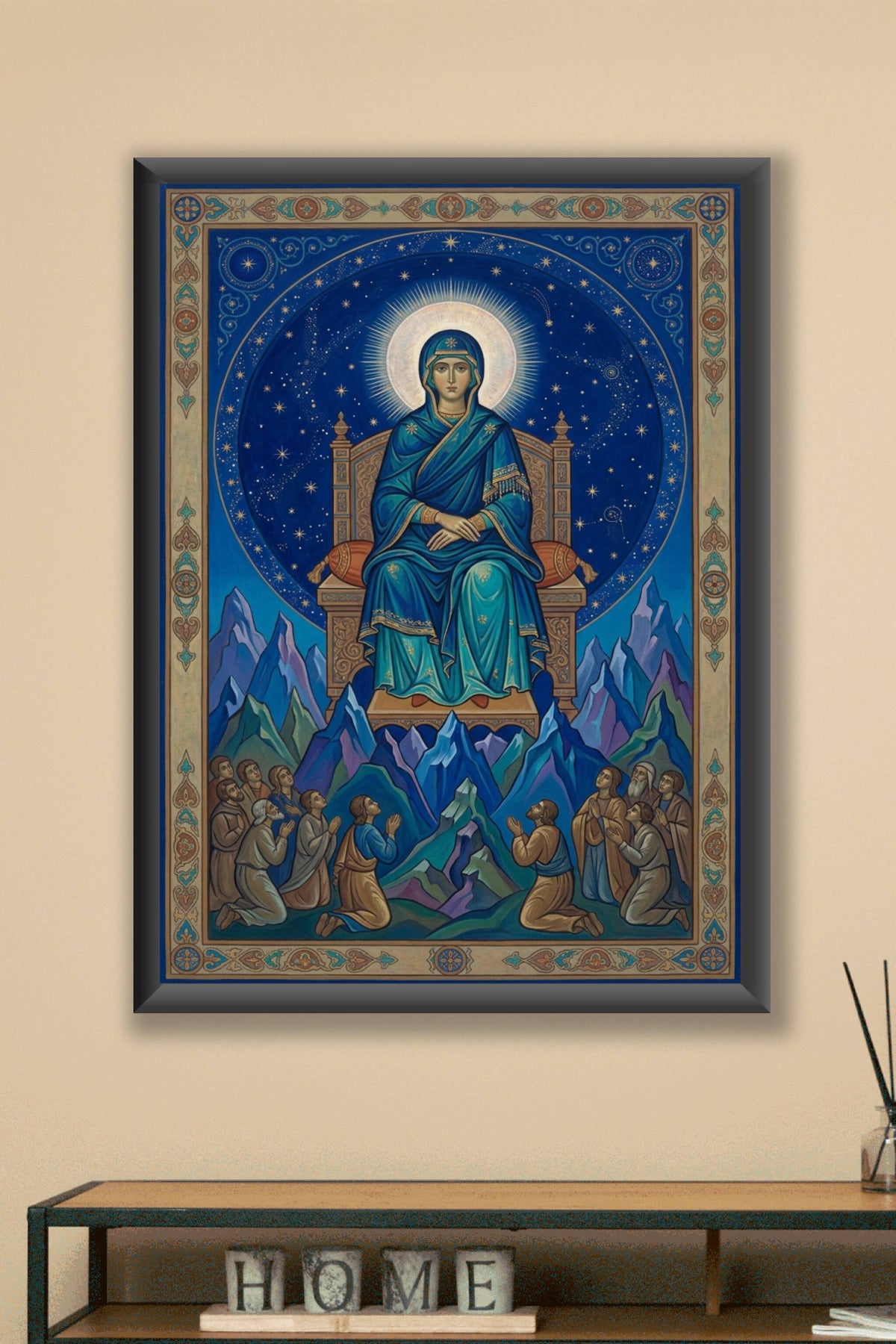 Affiche de la Vierge, poster style icône bleue