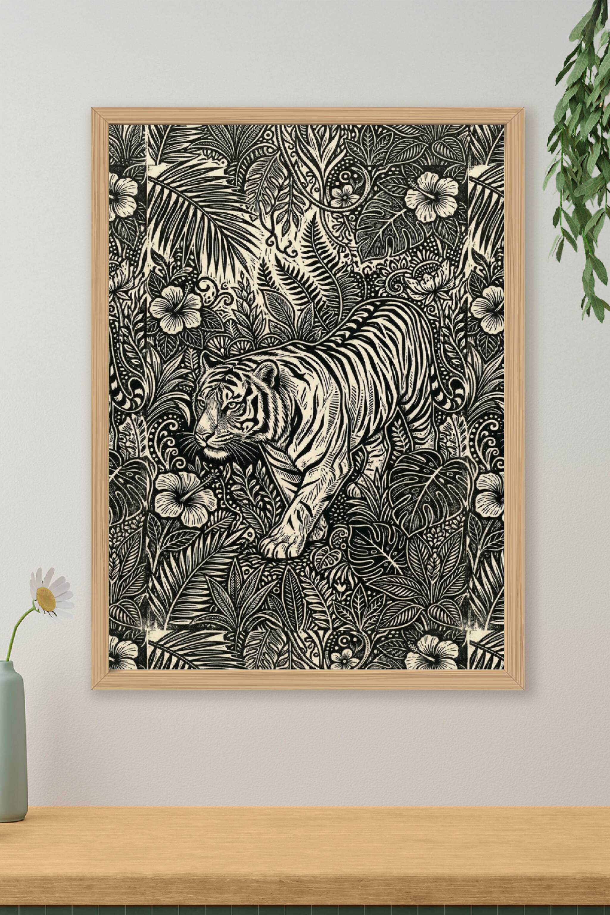 An intricate linocut print of a tiger prowling through dense jungle foliage, its striped body rendered in bold carved...