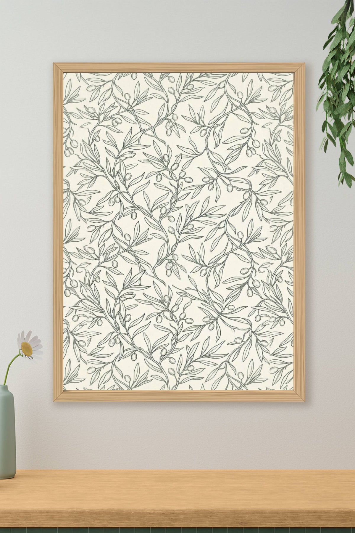 A delicate all-over pattern of olive branches drawn in fine dark green outline only, the twisting stems, pointed leav...