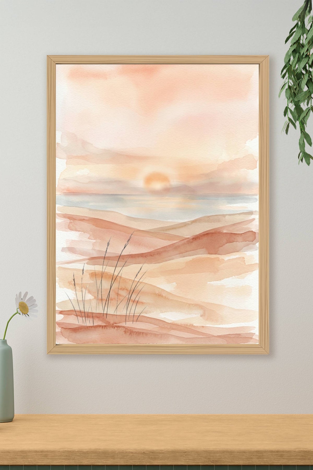 Poster paysage de dunes, aquarelle soleil