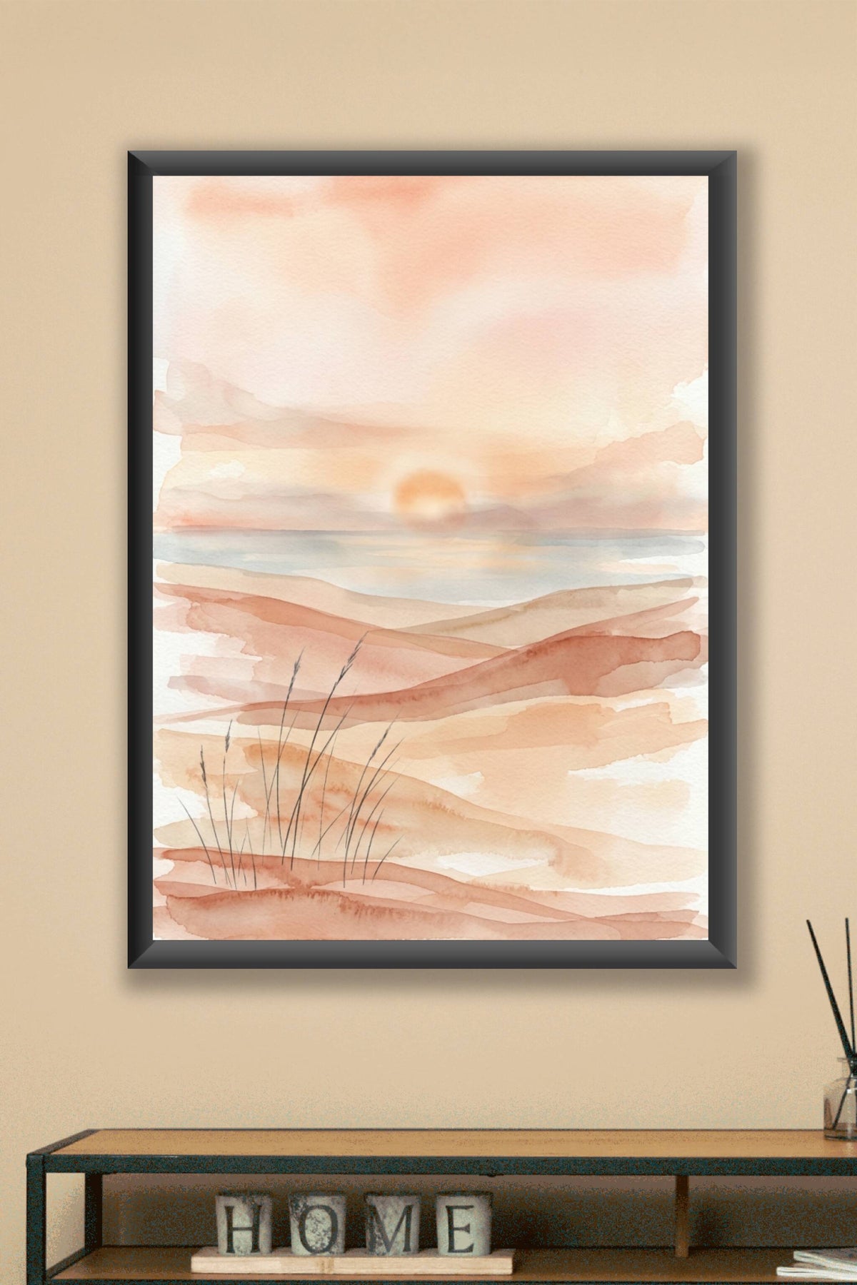 Poster paysage de dunes, aquarelle soleil