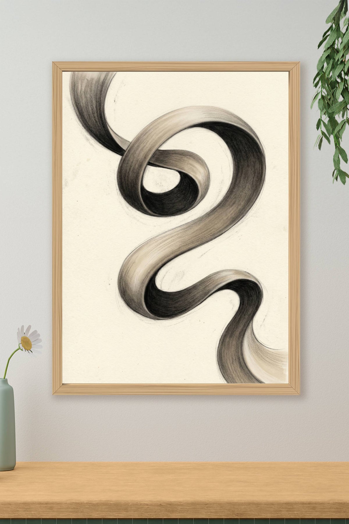 An abstract charcoal drawing: a single bold looping ribbon shape sweeping across the frame, rendered with soft graphi...