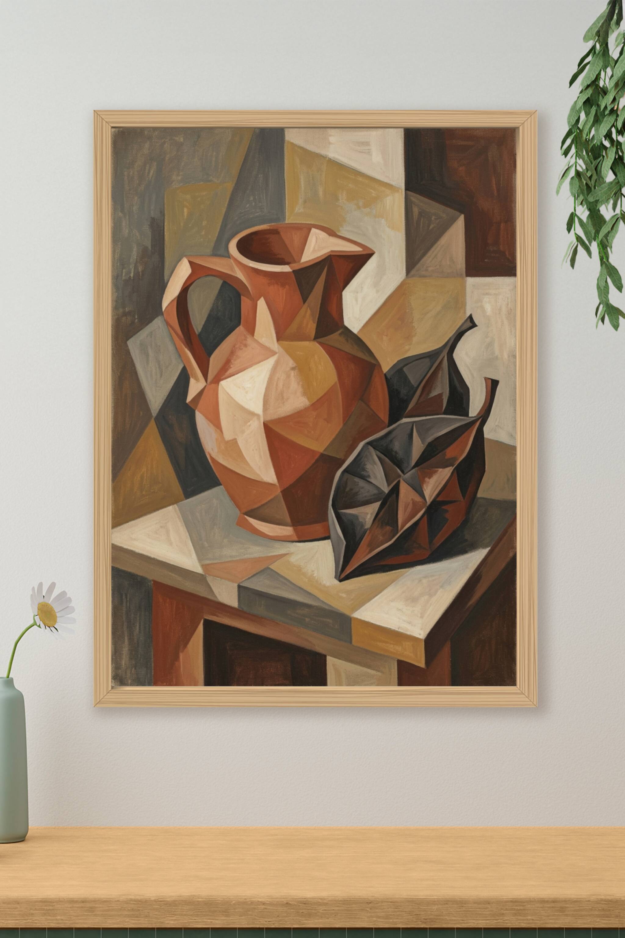 A cubist still life painted in matte earth tones: a large terracotta jug and two dark seed pods or leaves fragmented...