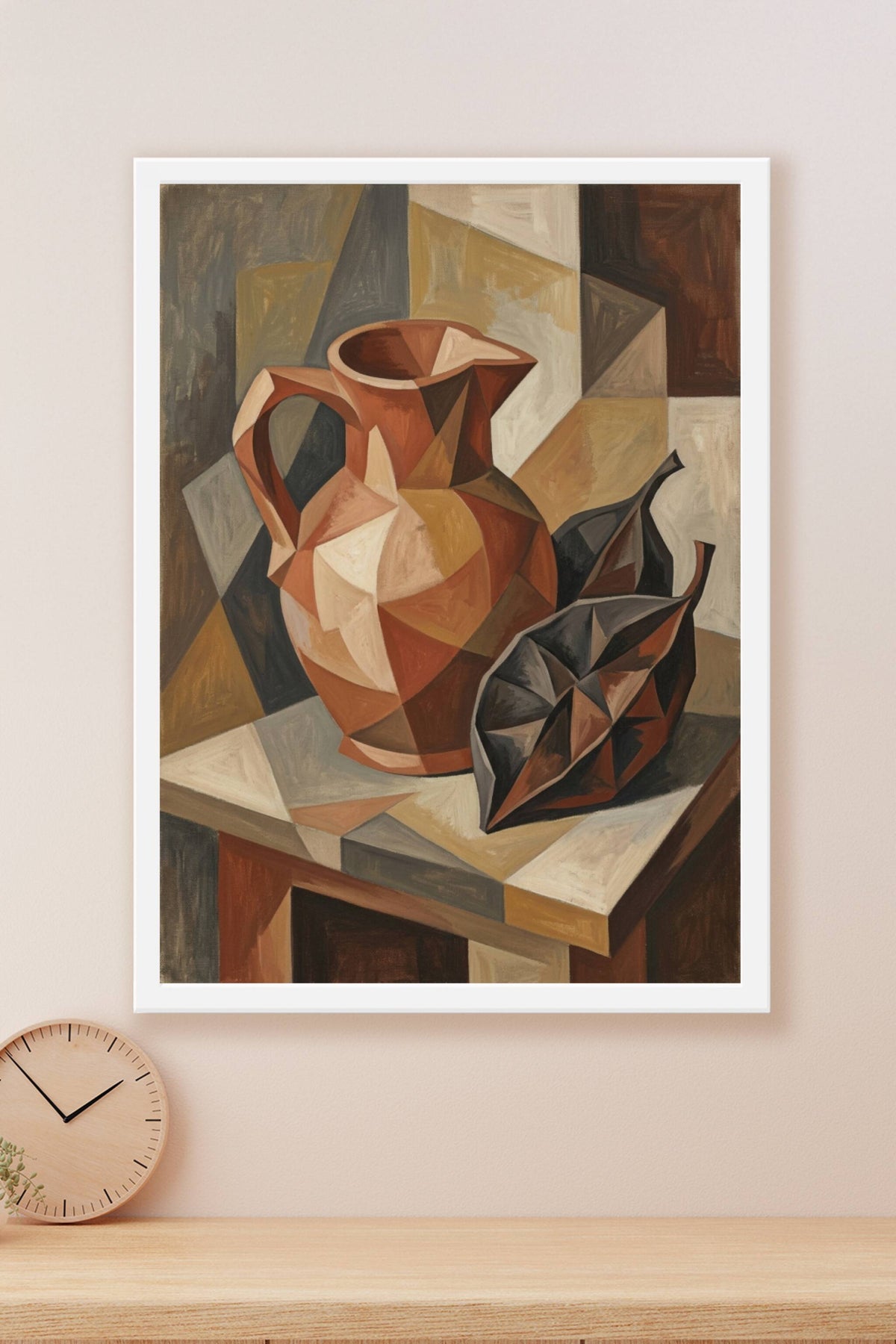 A cubist still life painted in matte earth tones: a large terracotta jug and two dark seed pods or leaves fragmented...