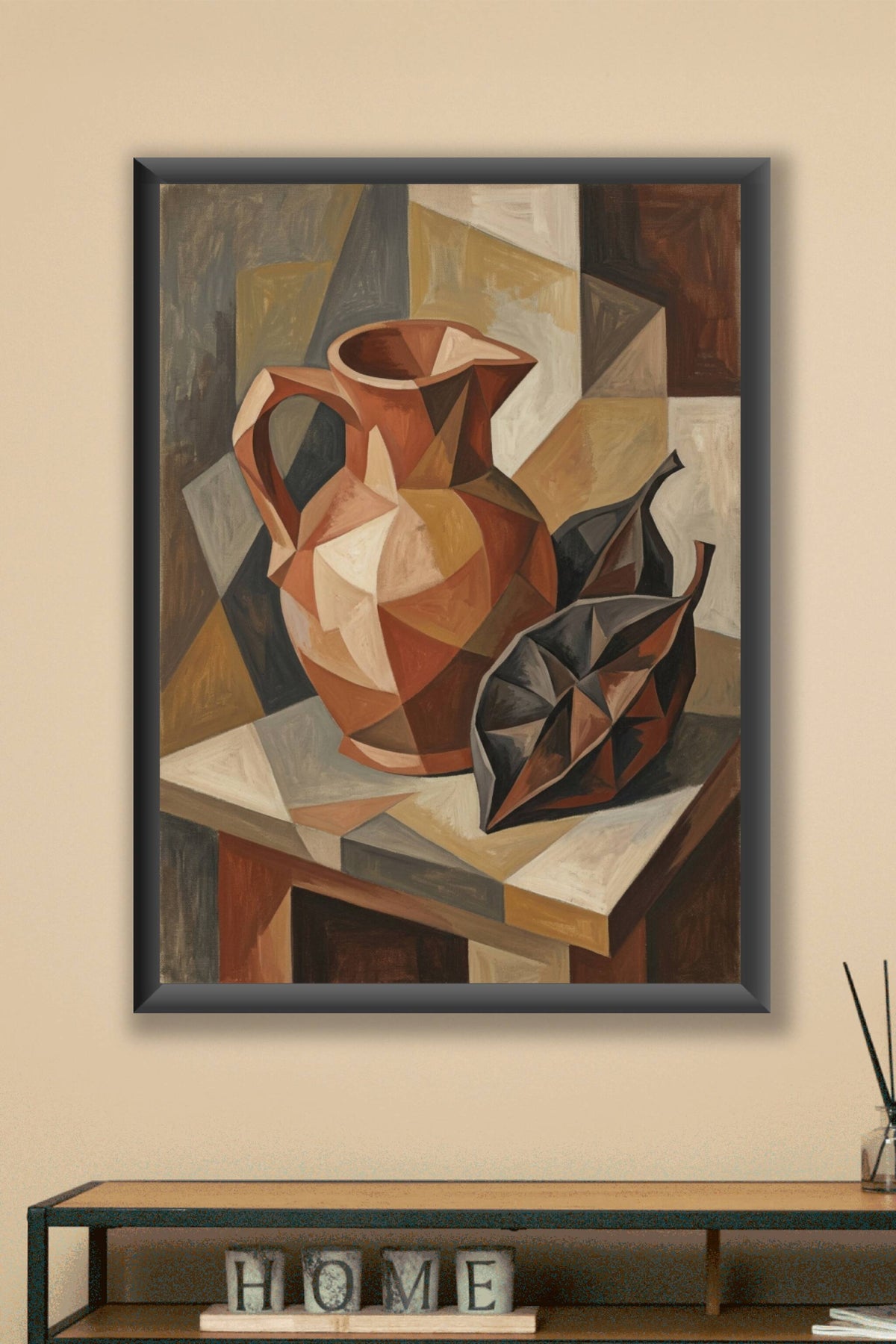A cubist still life painted in matte earth tones: a large terracotta jug and two dark seed pods or leaves fragmented...