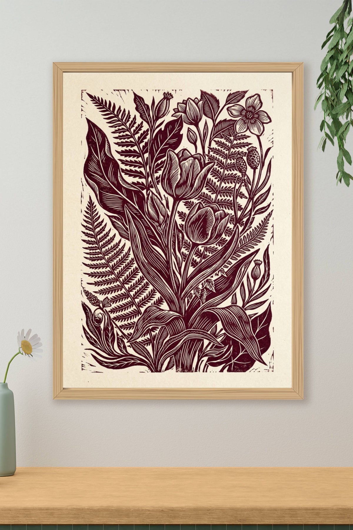 Affiche de linogravure botanique, poster fleurs et fougères