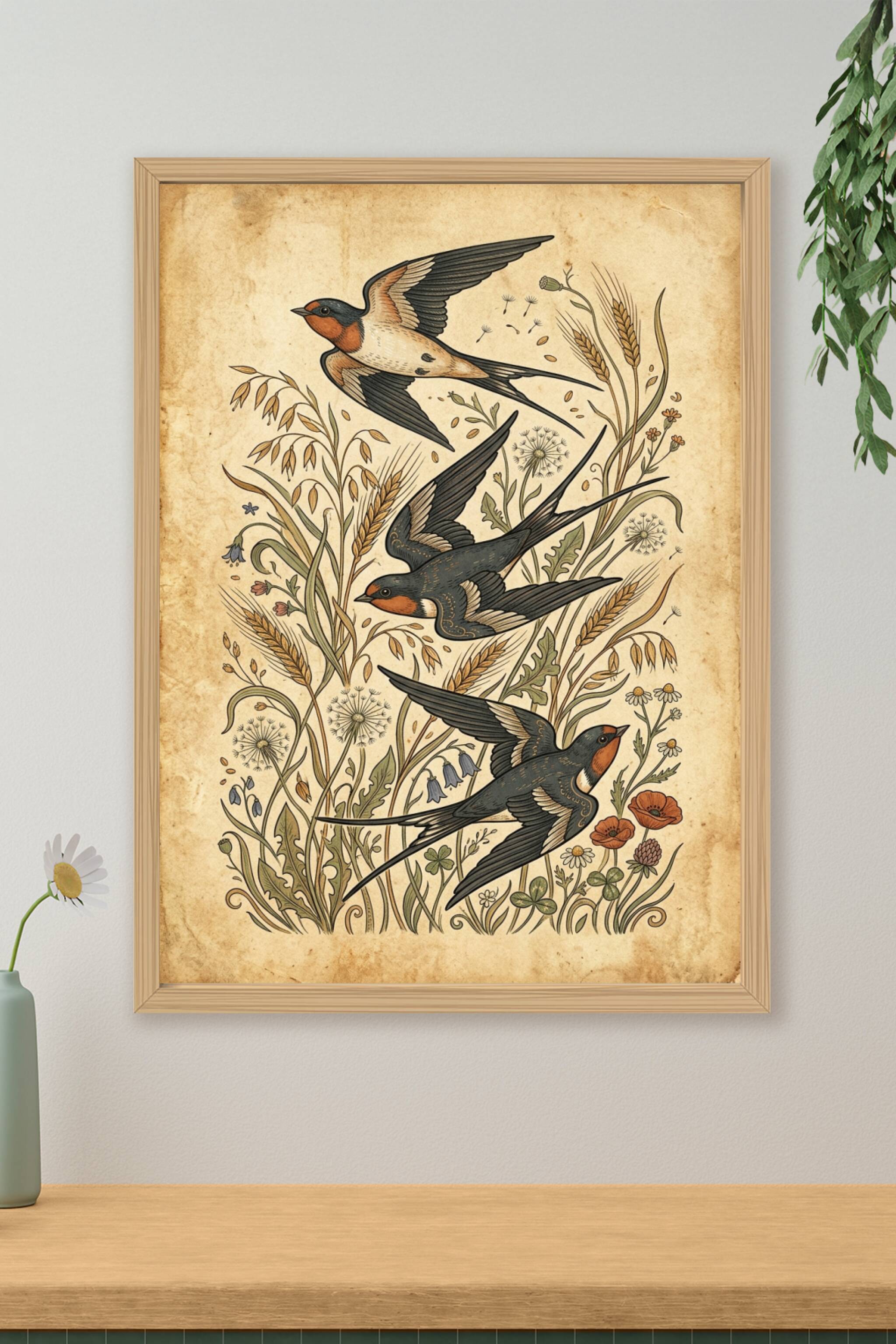 Affiche d'hirondelles, poster style naturaliste
