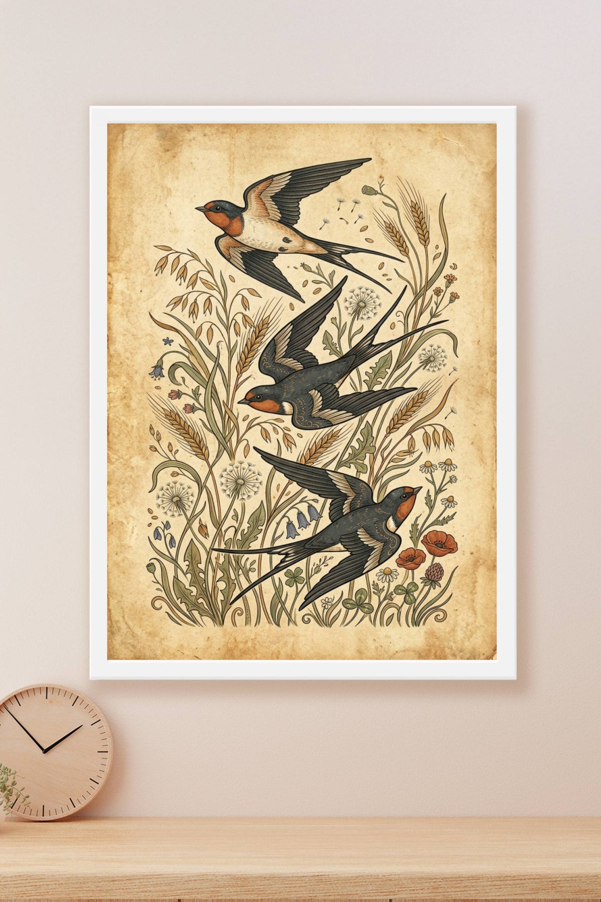 Affiche d'hirondelles, poster style naturaliste