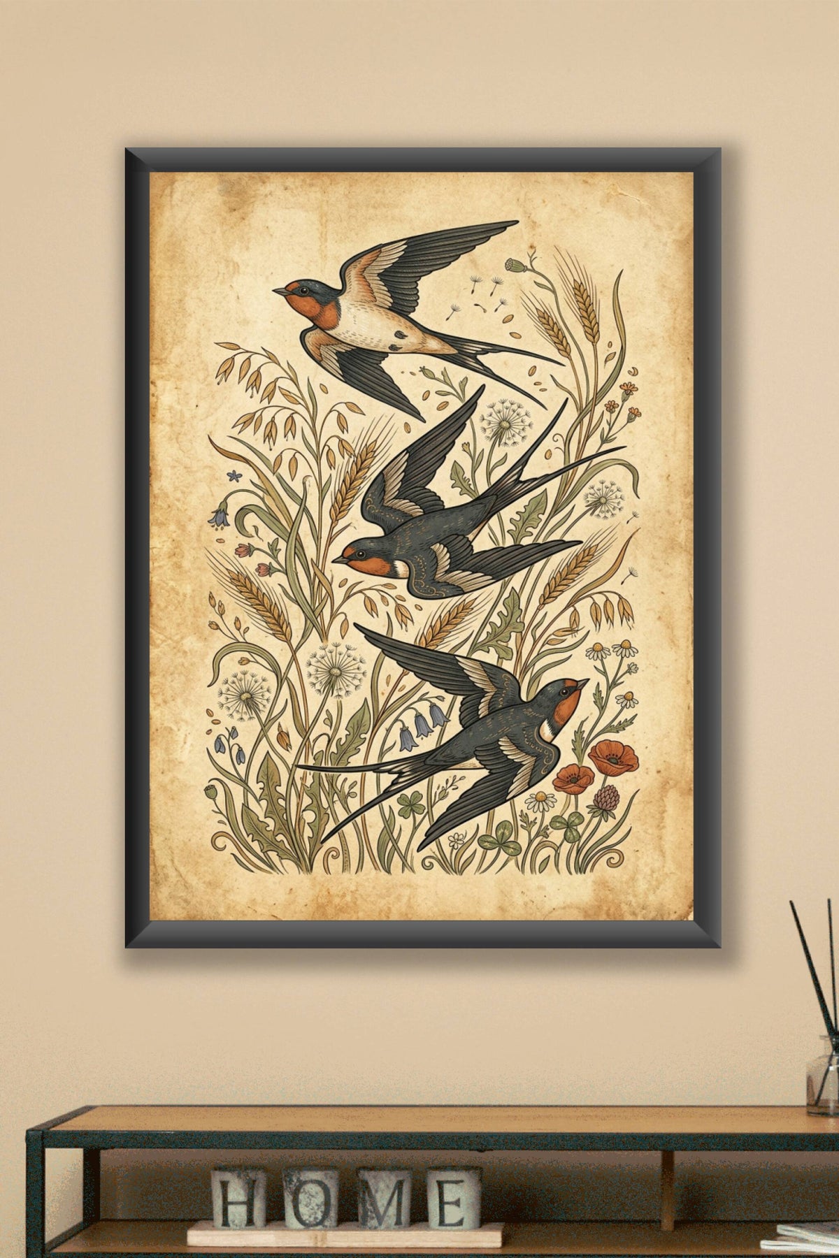 Affiche d'hirondelles, poster style naturaliste