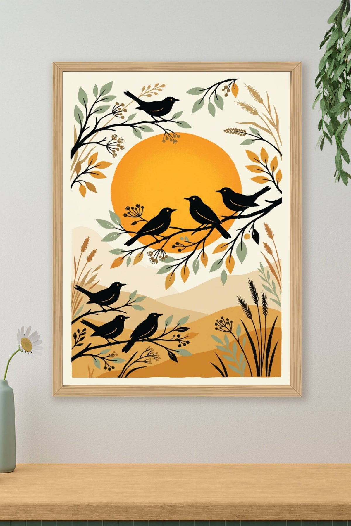 Poster d'oiseaux, illustration soleil couchant