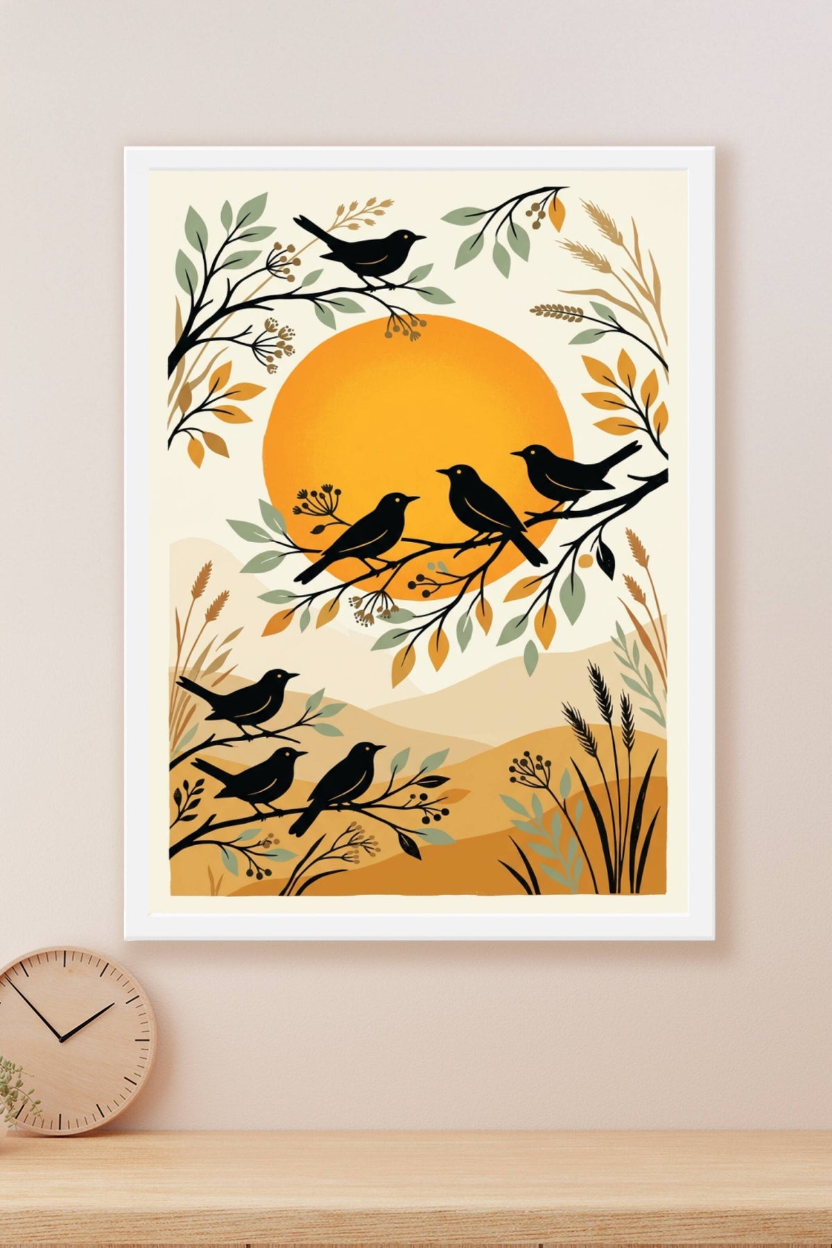 Poster d'oiseaux, illustration soleil couchant