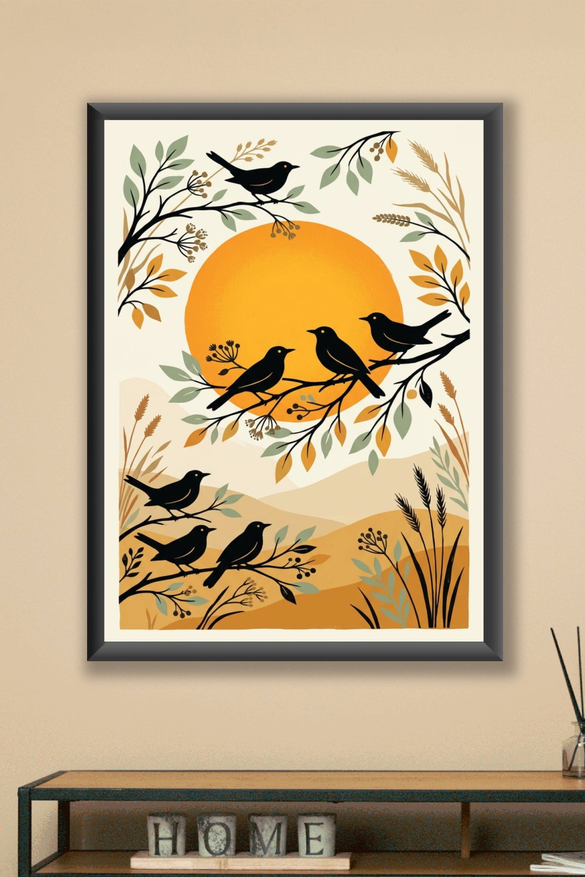 Poster d'oiseaux, illustration soleil couchant