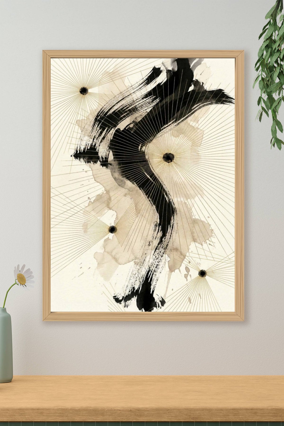 Affiche d'art abstrait, poster traits dorés