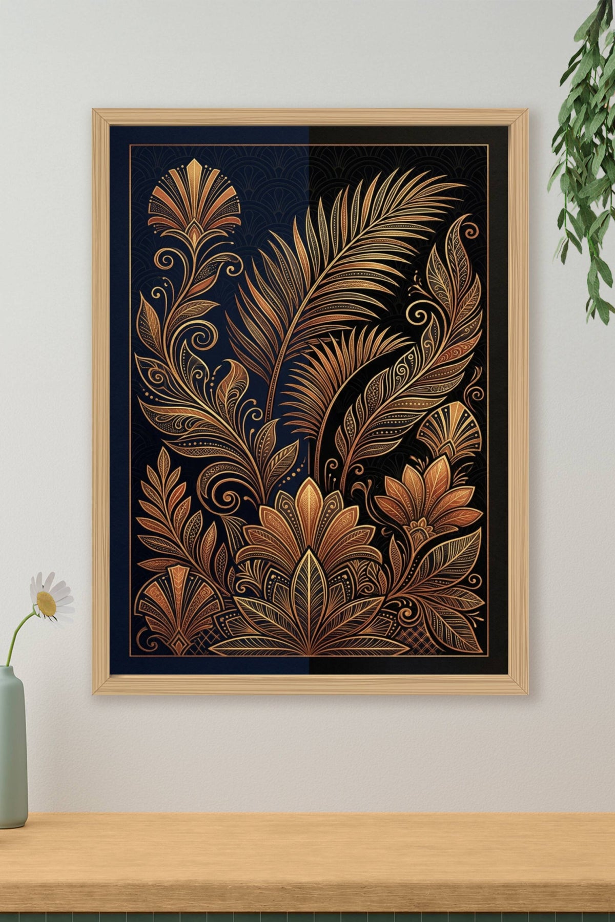 Affiche Art Déco dorée, poster plumes de paon