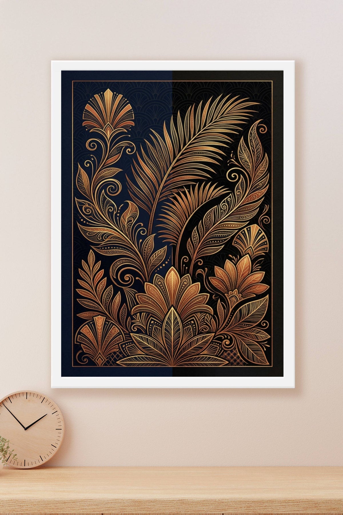 Affiche Art Déco dorée, poster plumes de paon