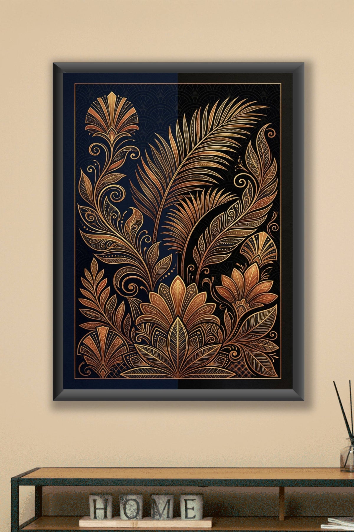 Affiche Art Déco dorée, poster plumes de paon