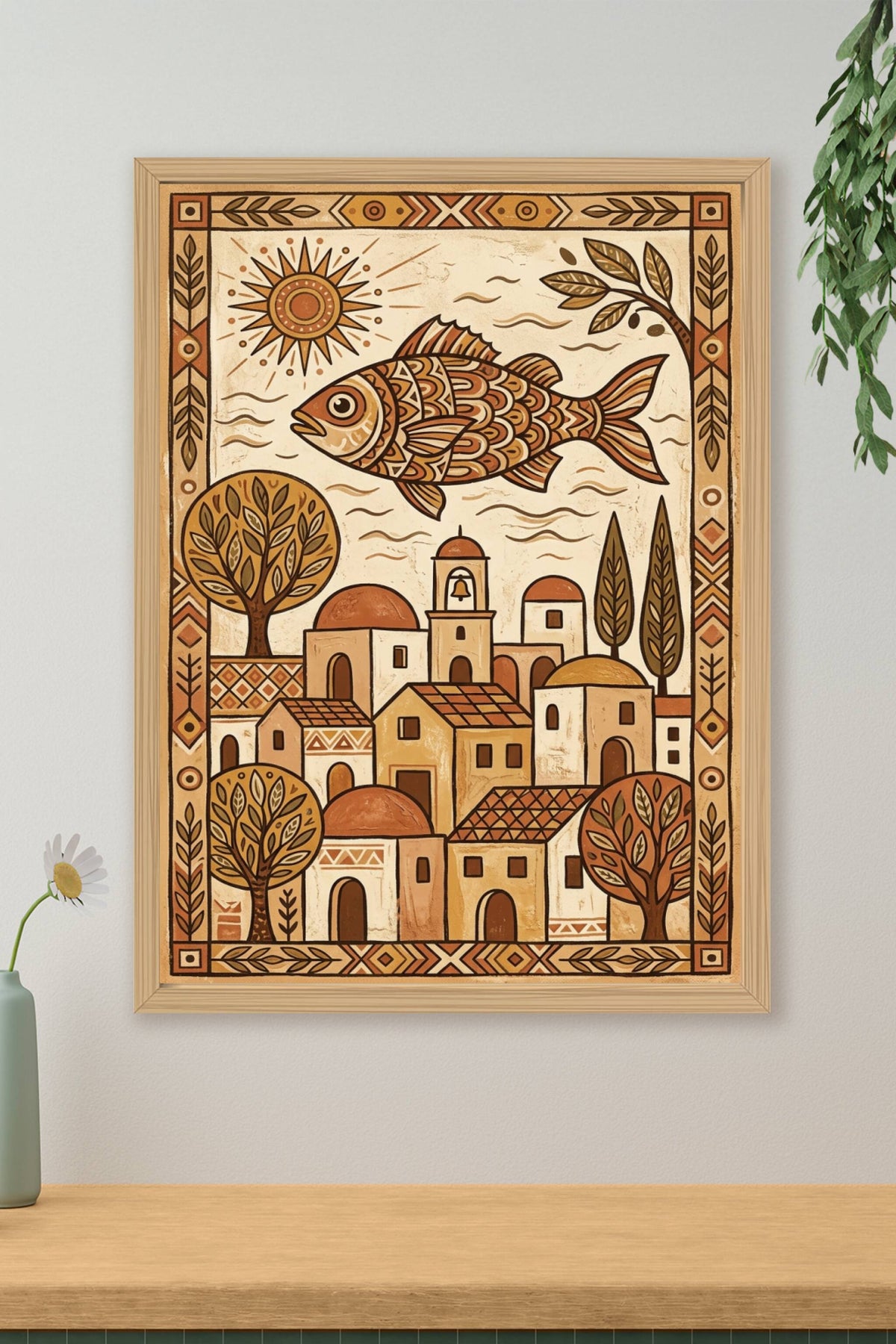 Affiche de village méditerranéen, poster poisson
