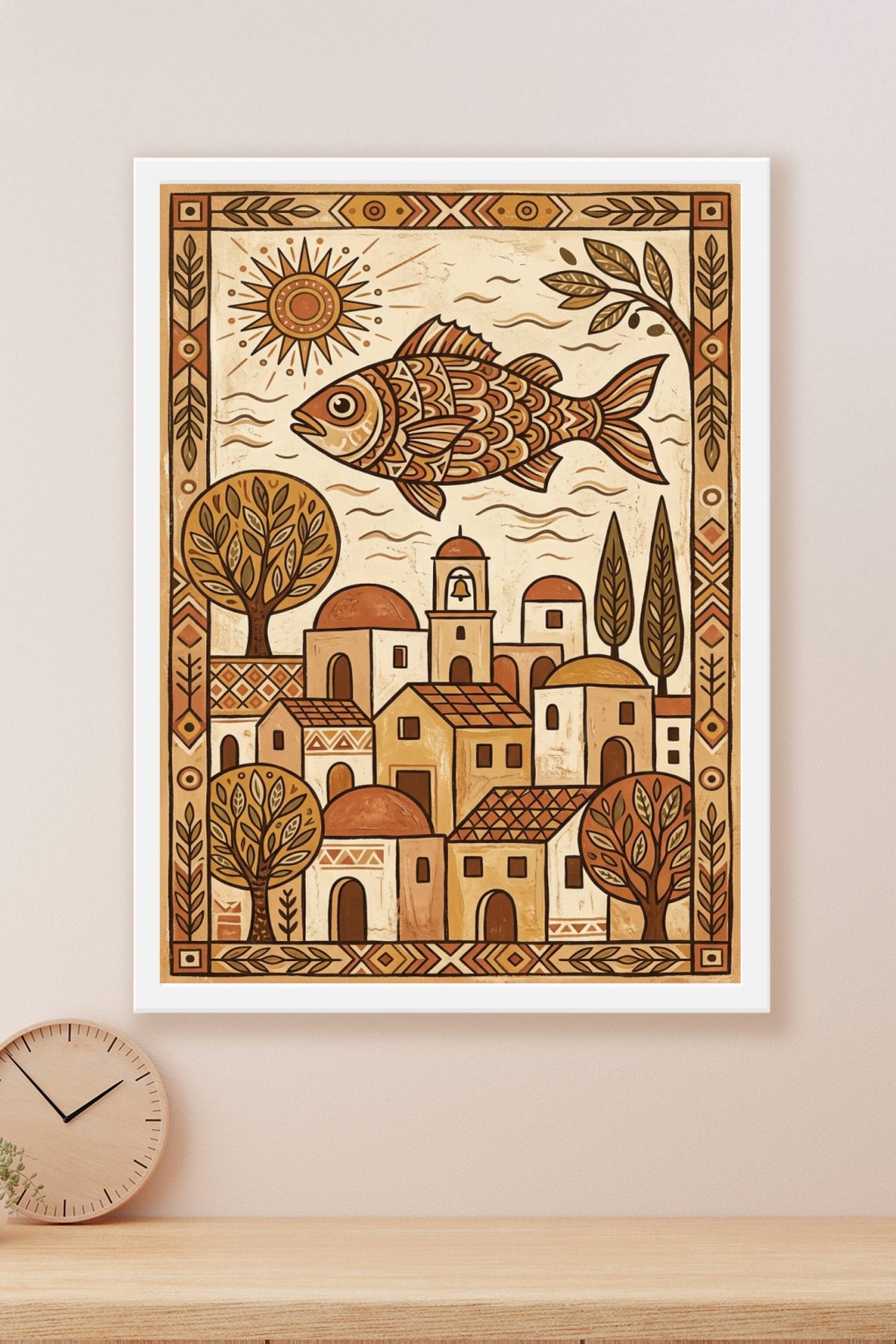 Affiche de village méditerranéen, poster poisson