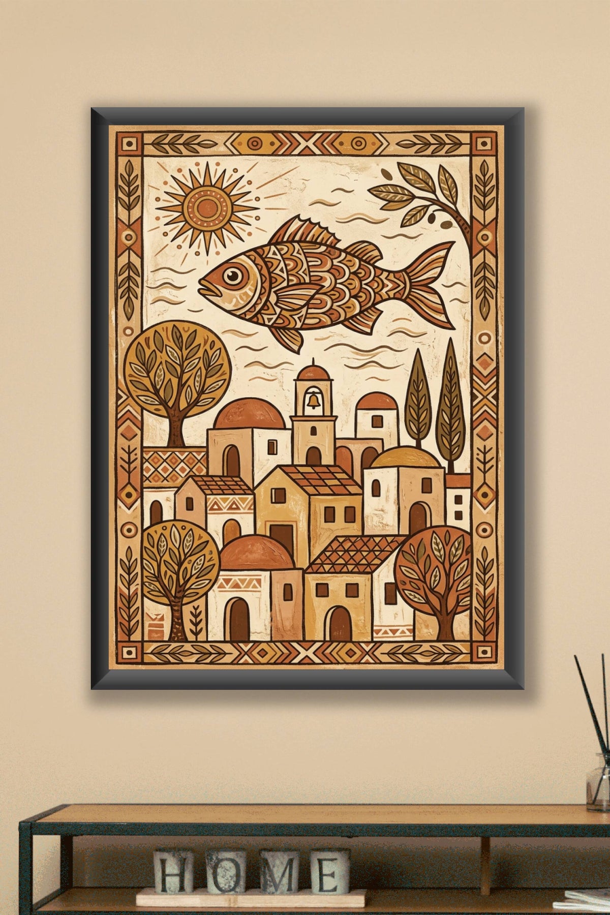 Affiche de village méditerranéen, poster poisson