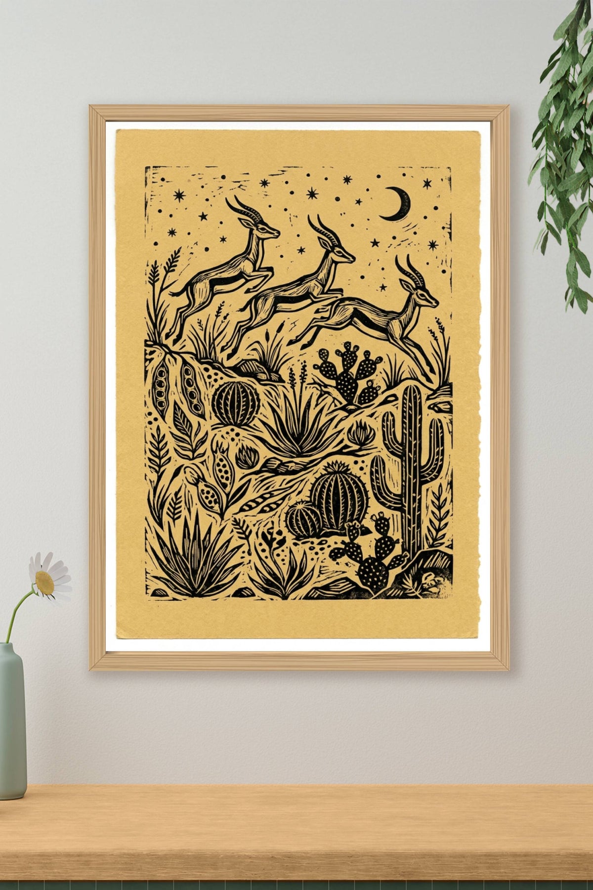 Affiche de Gazelles, poster linogravure désert