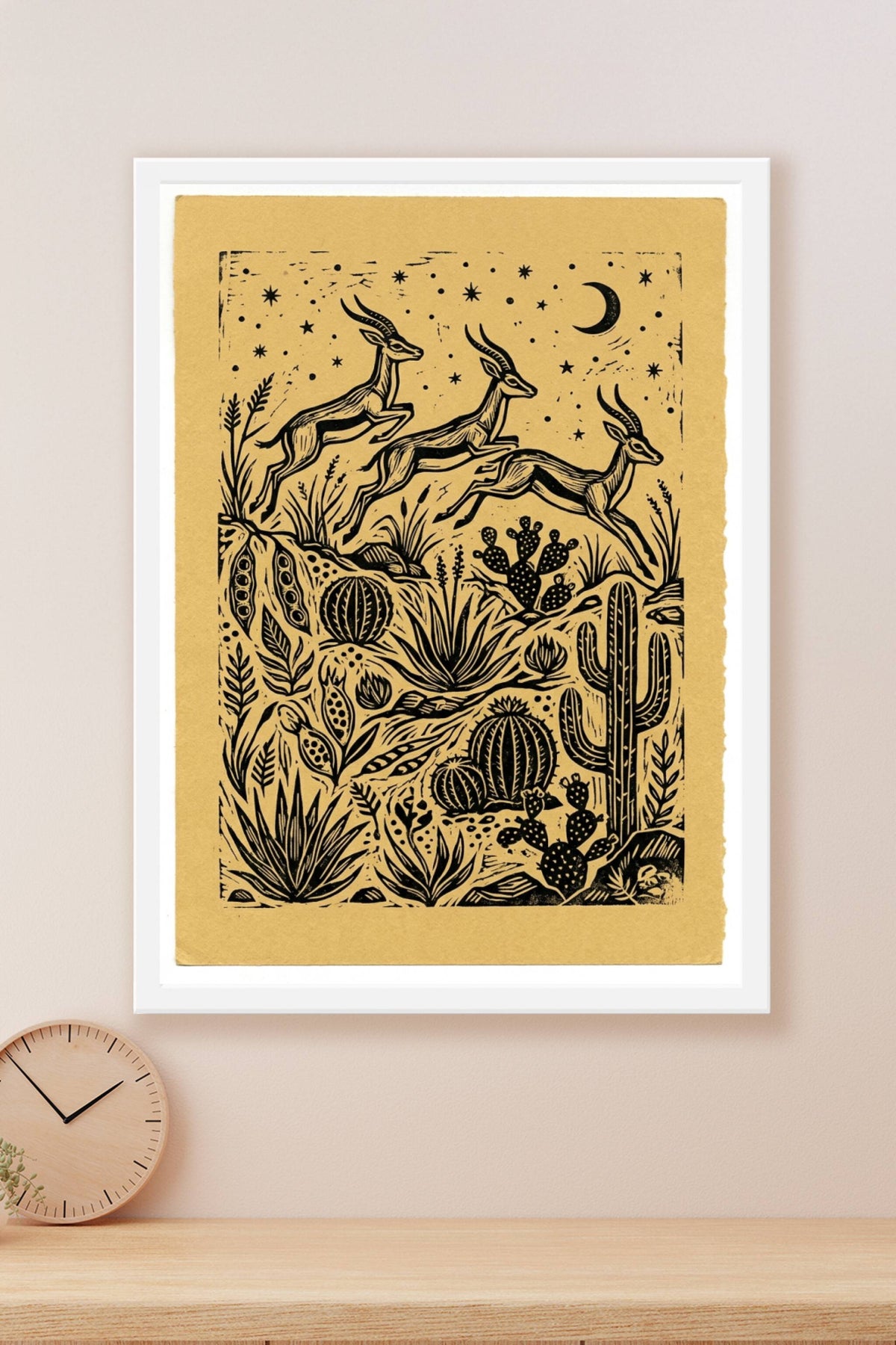 Affiche de Gazelles, poster linogravure désert