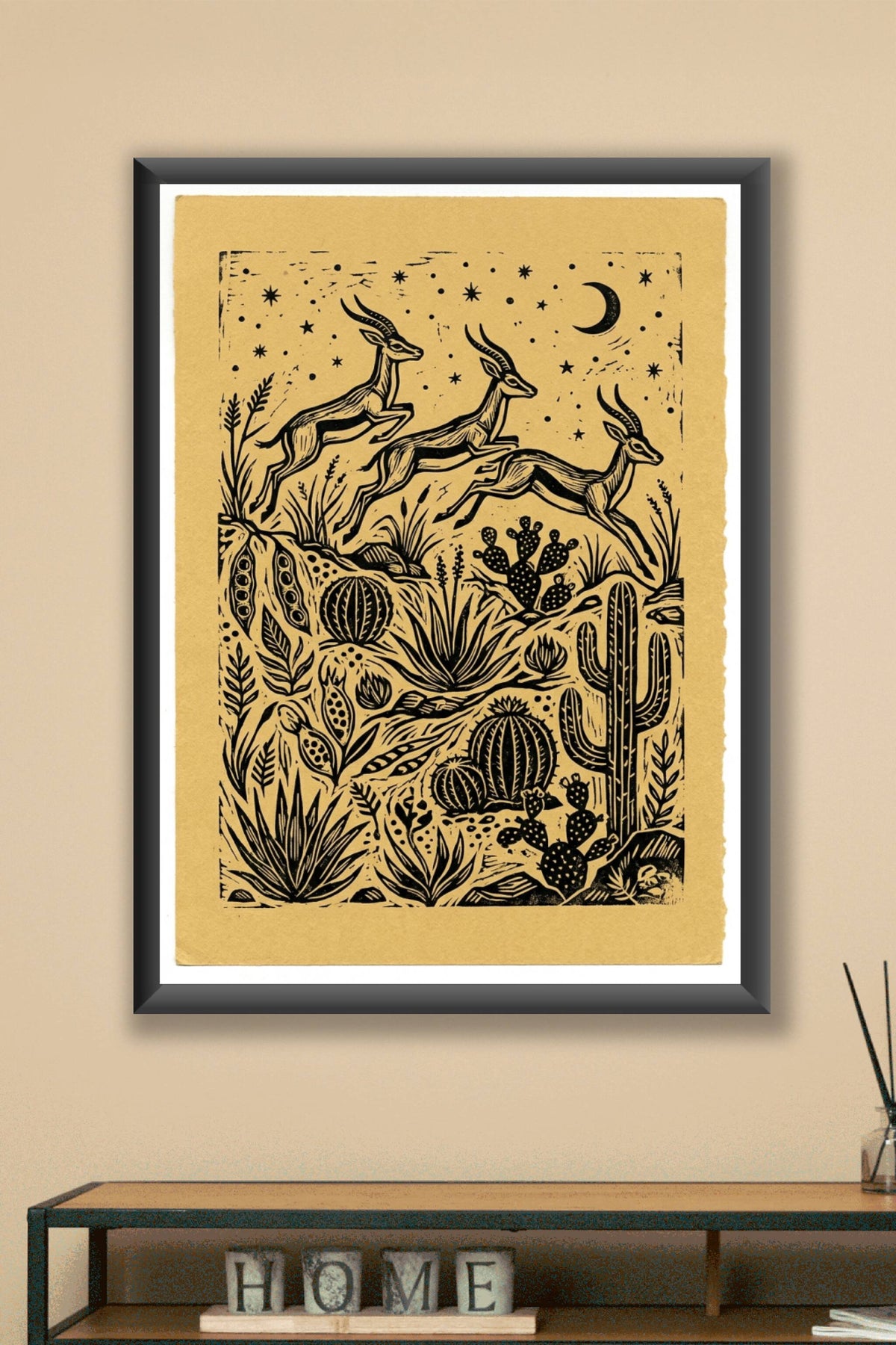 Affiche de Gazelles, poster linogravure désert