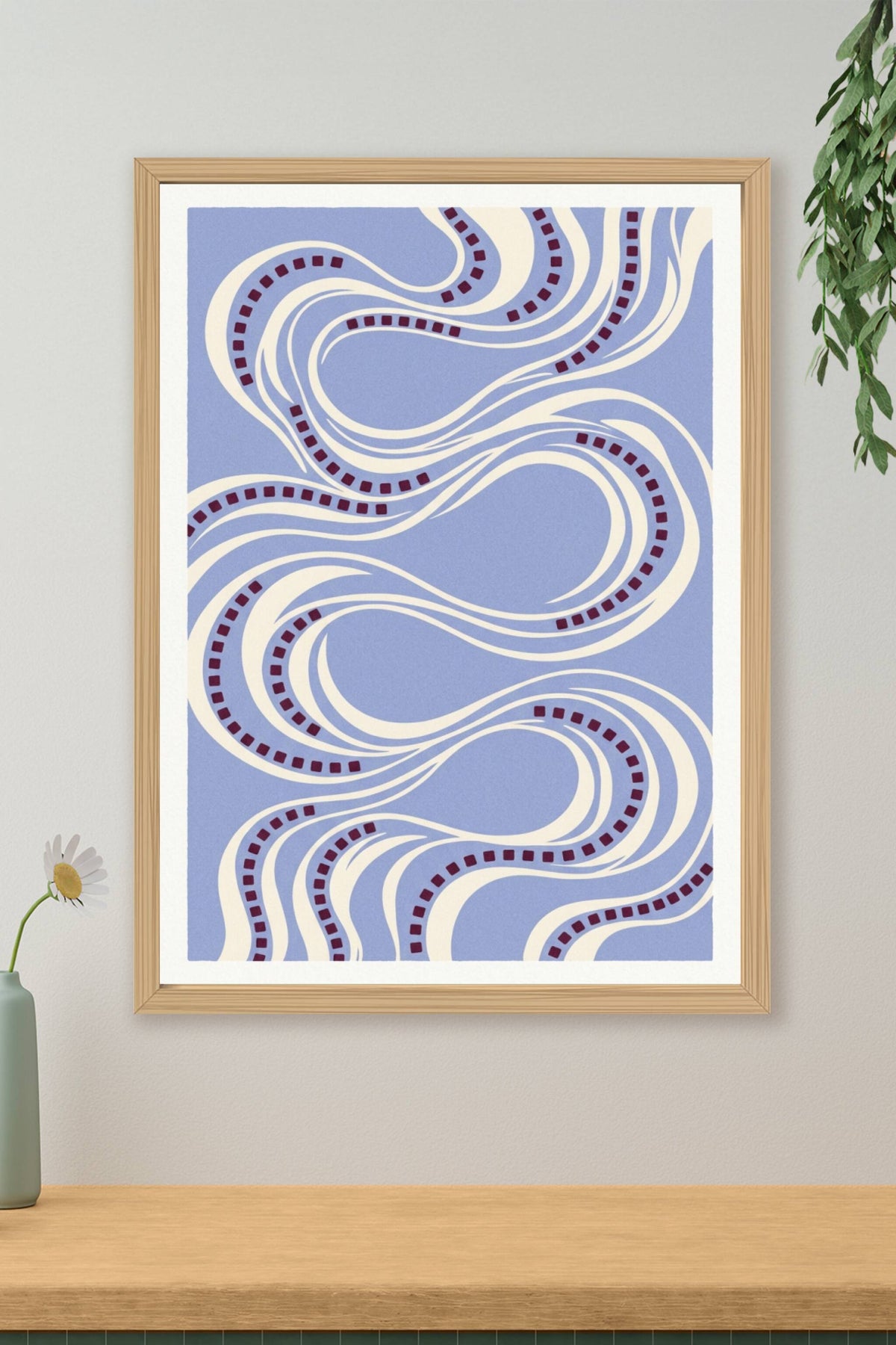 Affiche vagues abstraites, poster bleu et crème