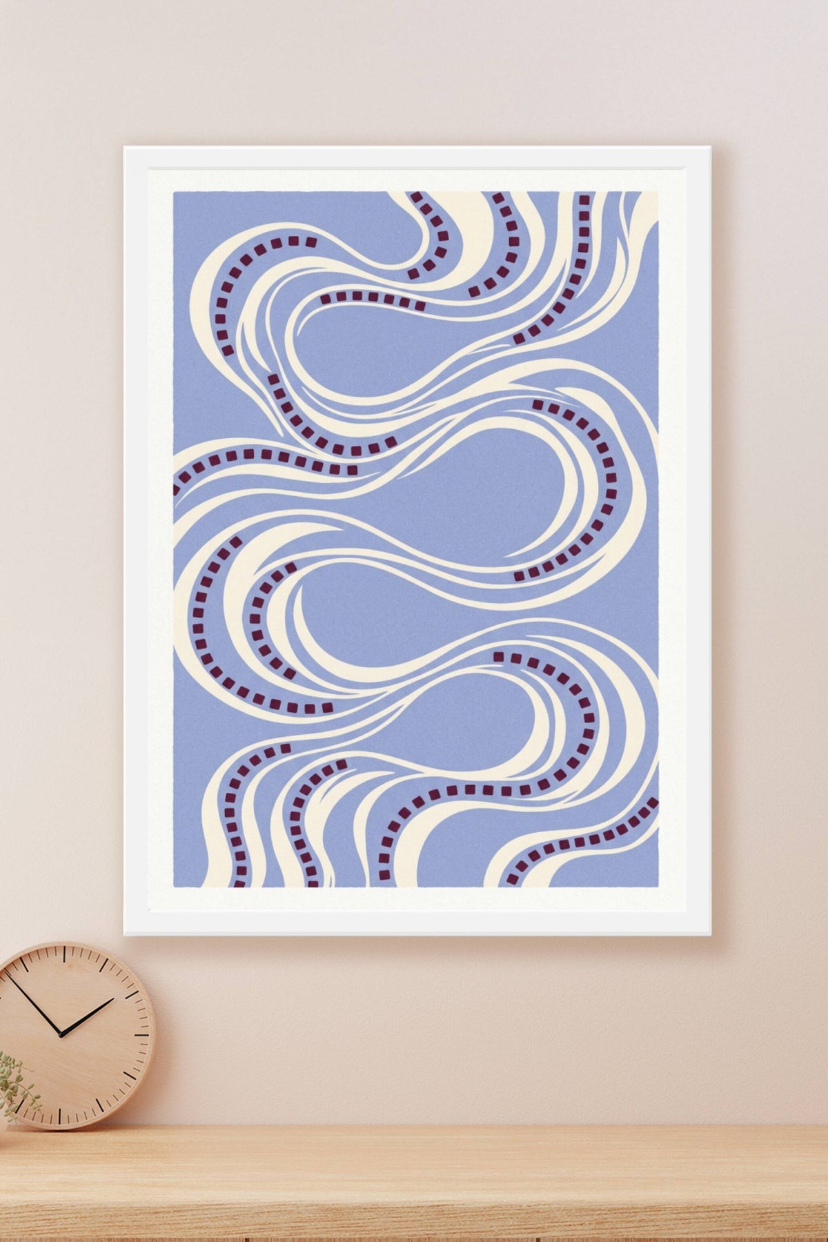 Affiche vagues abstraites, poster bleu et crème