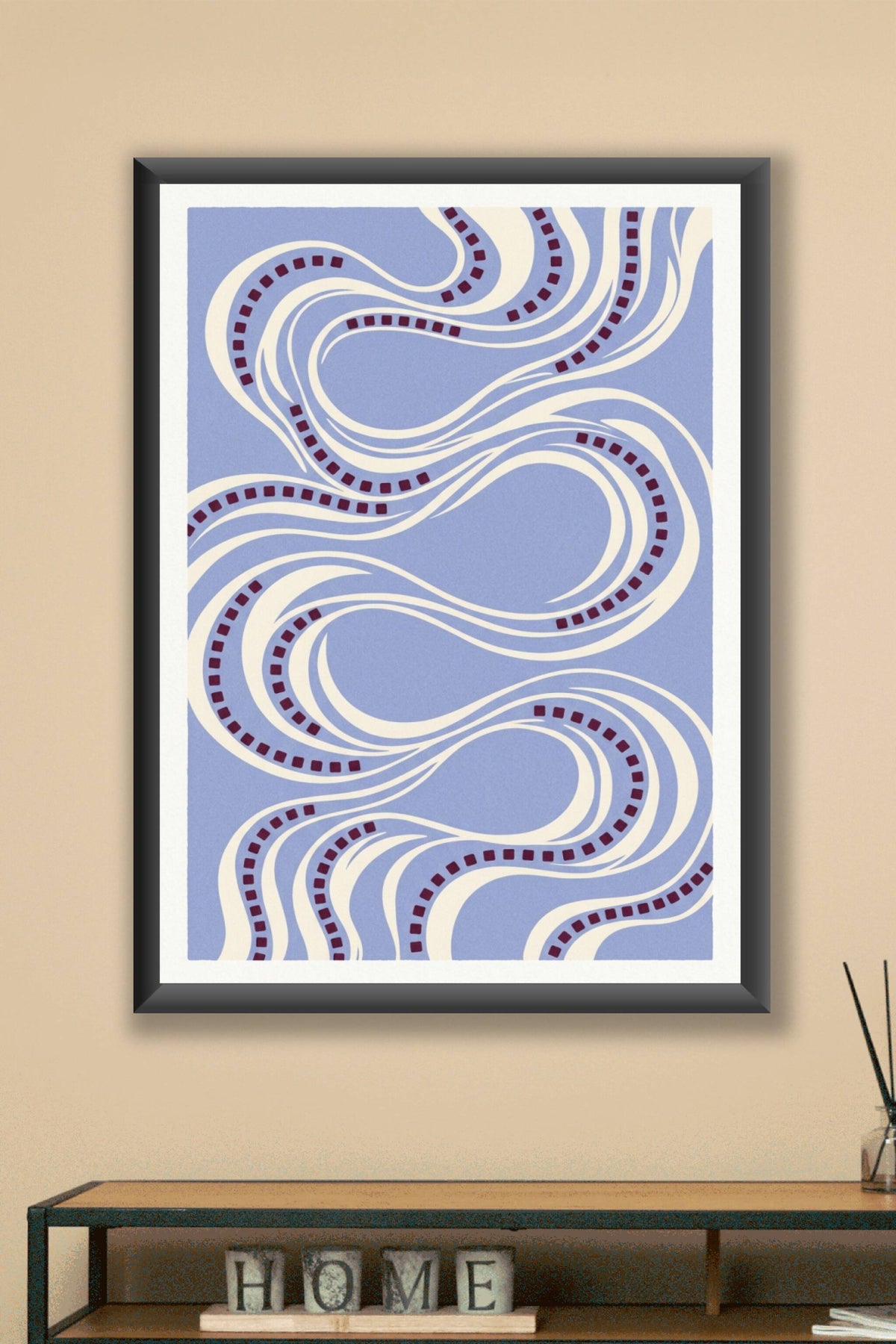 Affiche vagues abstraites, poster bleu et crème