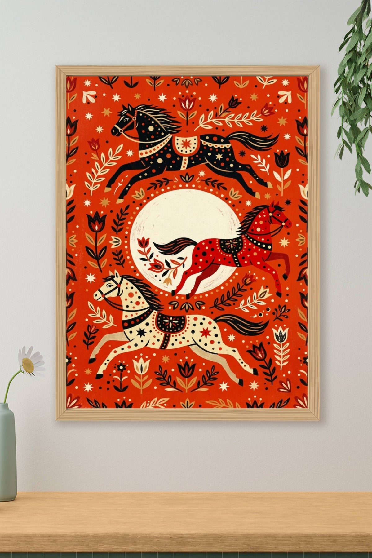 Affiche de chevaux folk, poster d'art scandinave