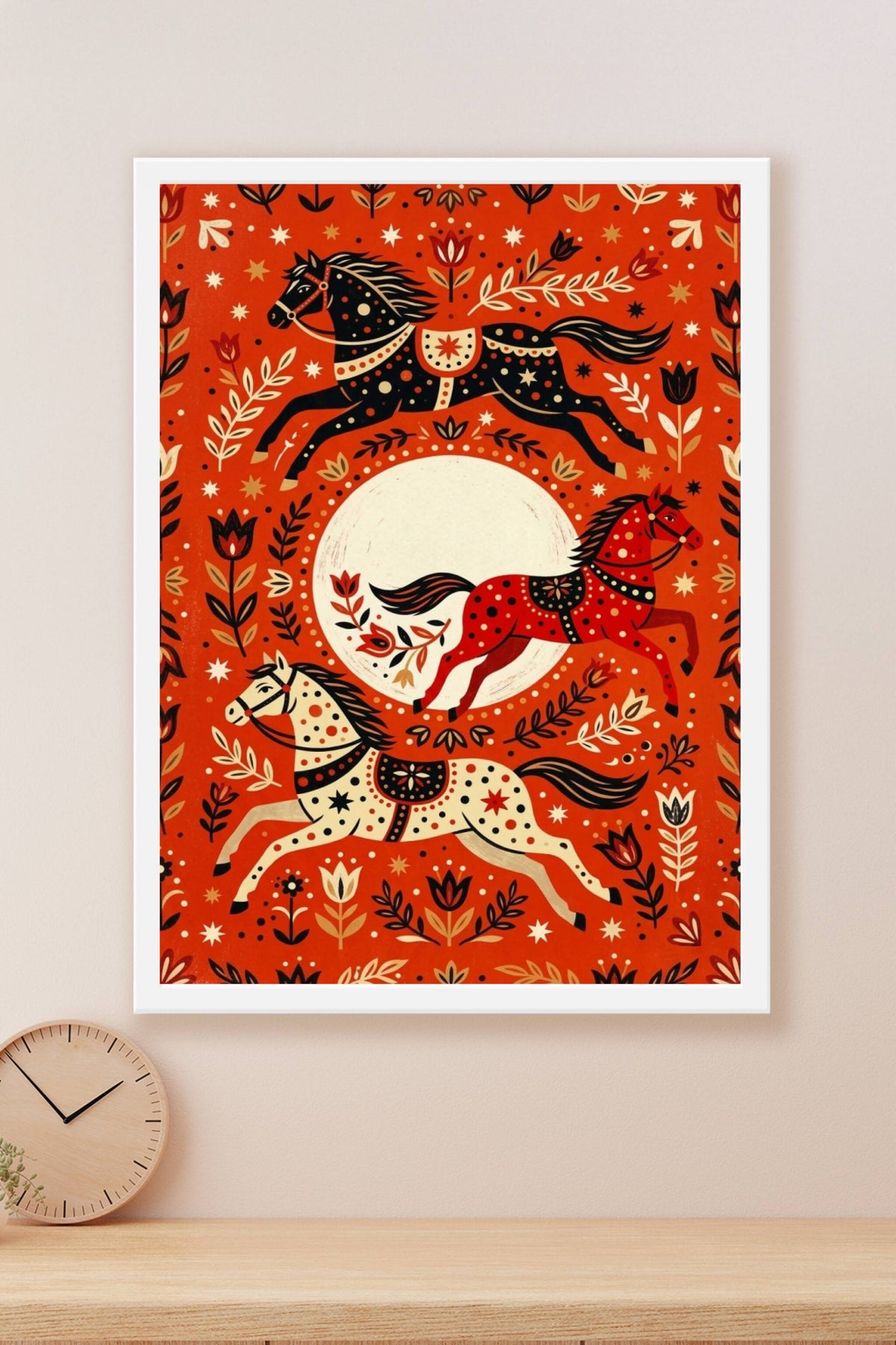 Affiche de chevaux folk, poster d'art scandinave