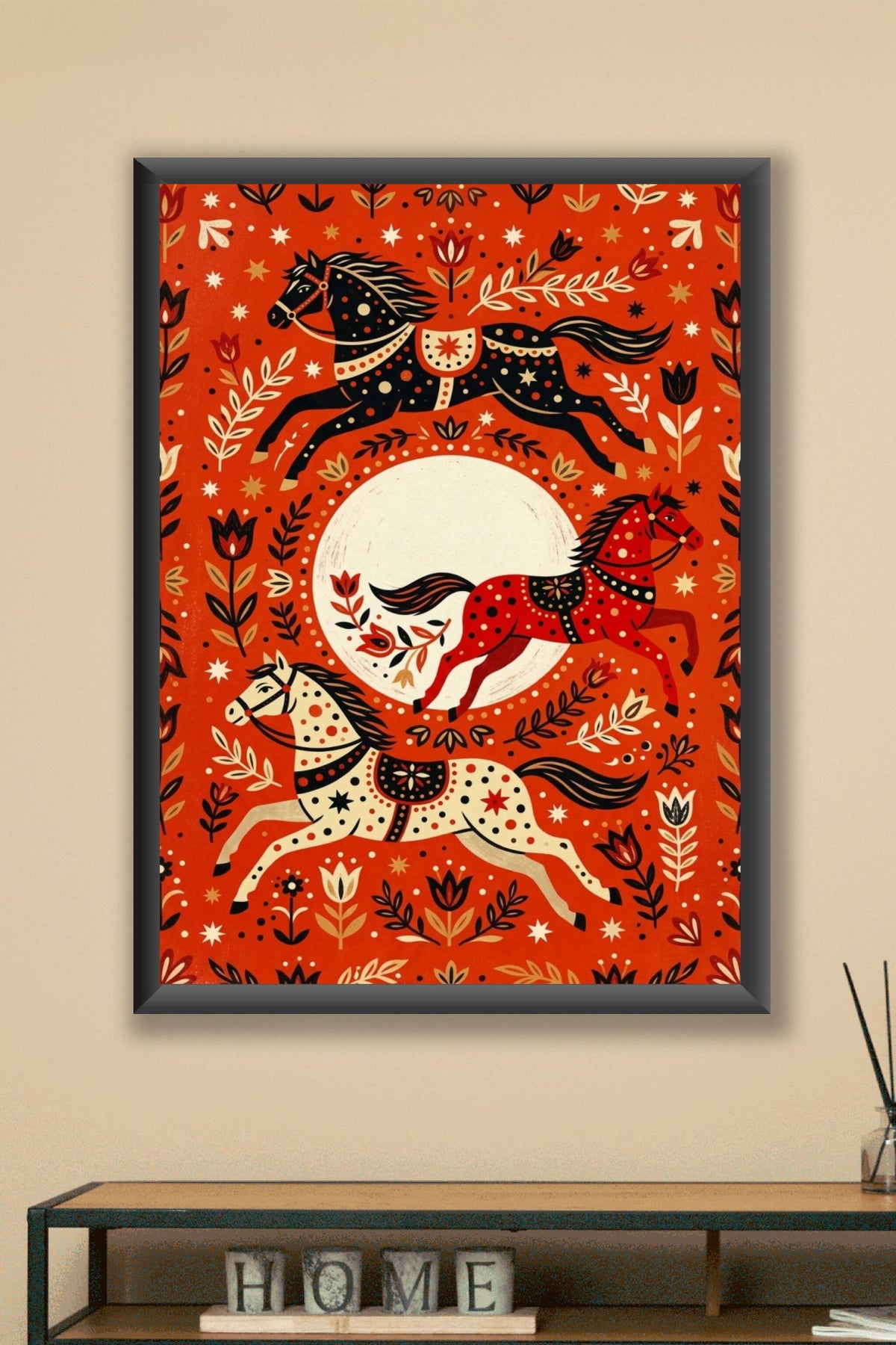 Affiche de chevaux folk, poster d'art scandinave