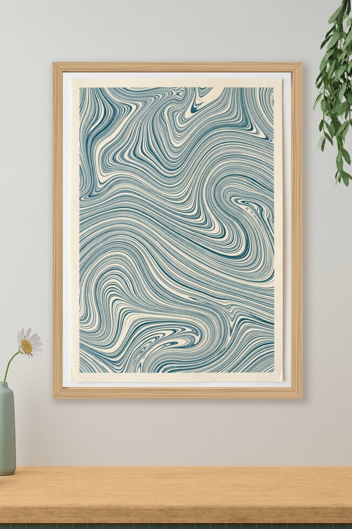 Affiche d'art marbré, poster ondes bleues