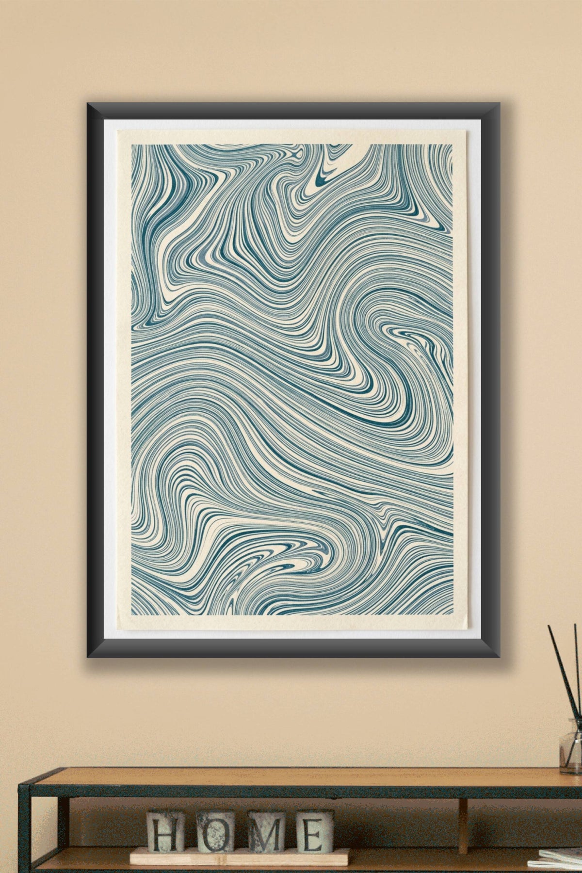 Affiche d'art marbré, poster ondes bleues