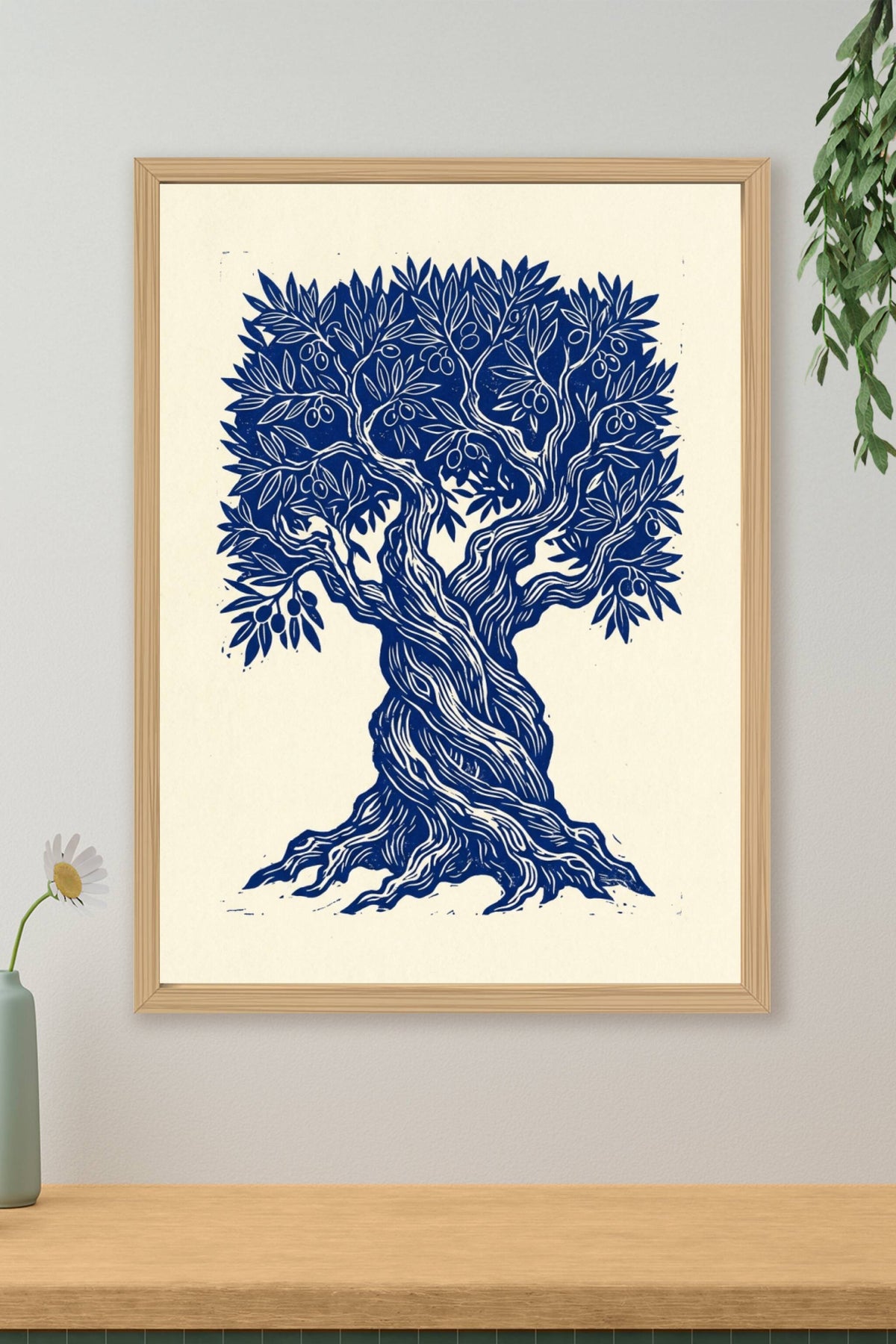 Affiche d'olivier bleu, poster linogravure