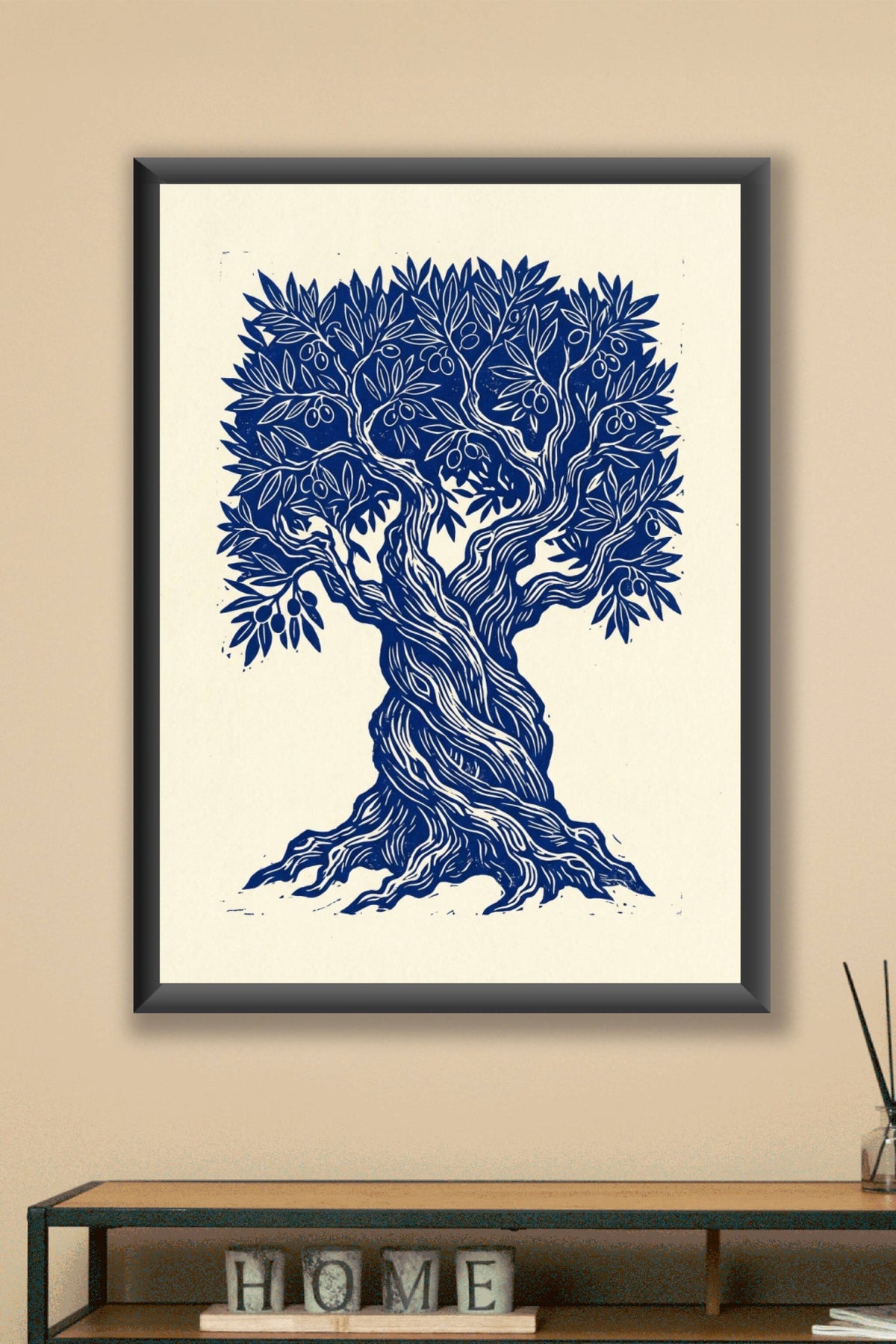 Affiche d'olivier bleu, poster linogravure