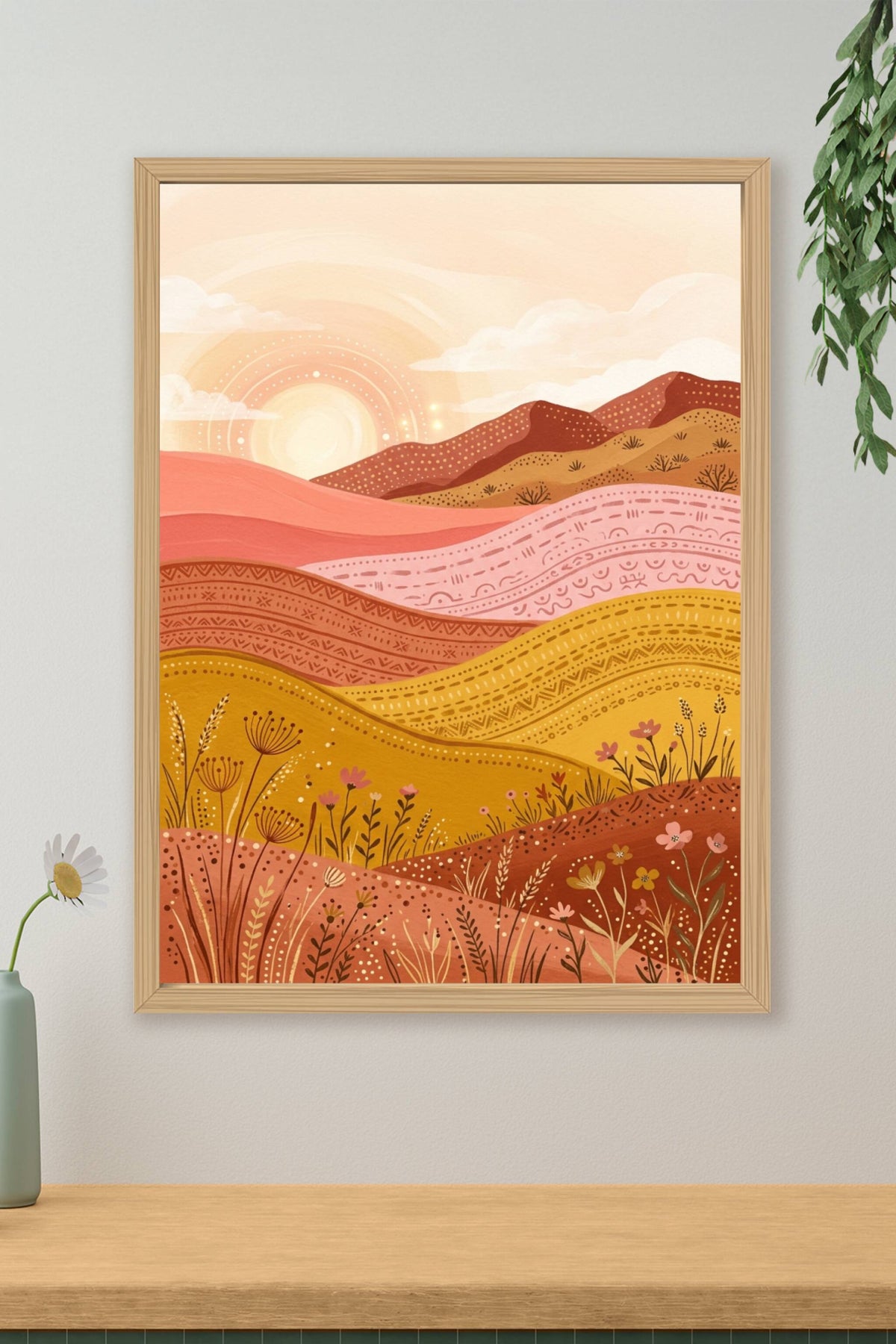 Affiche de paysage bohème, poster collines roses