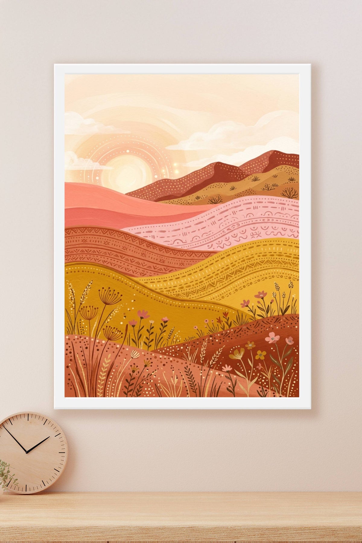 Affiche de paysage bohème, poster collines roses